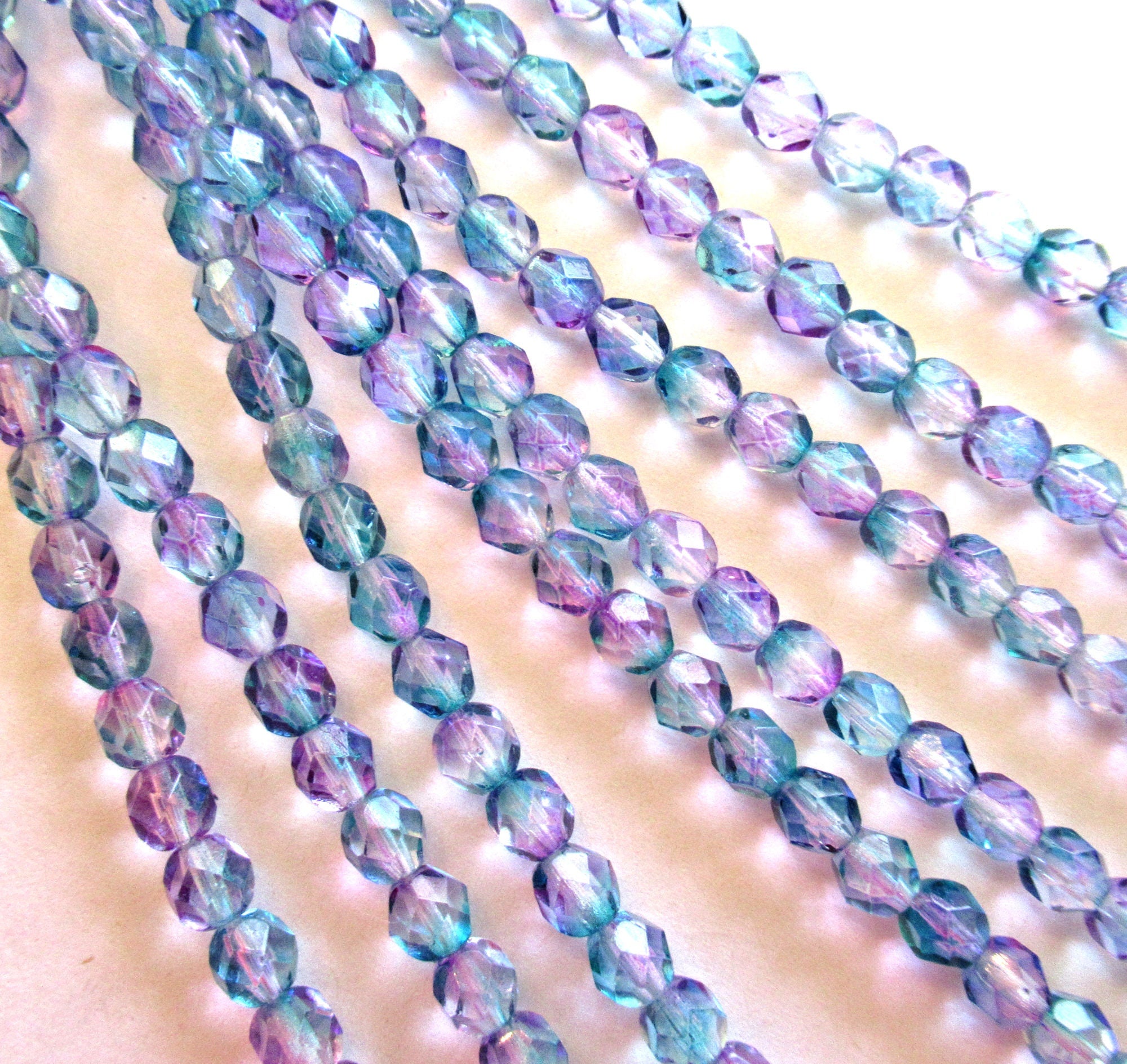 Lot of 25 6mm Czech glass beads - pink & blue mix - fire polished faceted round beads C065