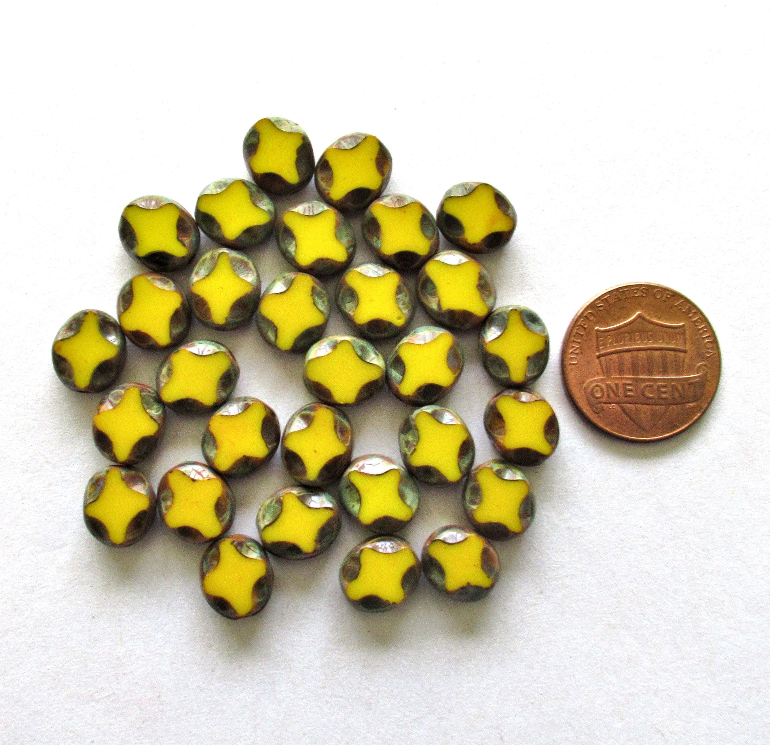 15 Czech glass oval beads - 9 x 8mm - opaque yellow picasso beads - carved table cut beads with a diamond pattern - C0251