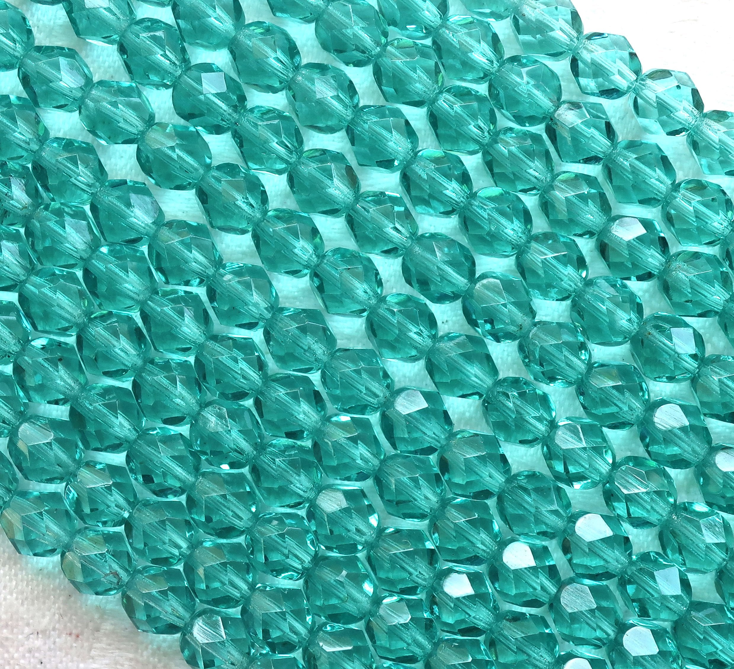 Lot of 25 6mm Czech glass beads, Light teal blue green fire polished faceted round beads C4301
