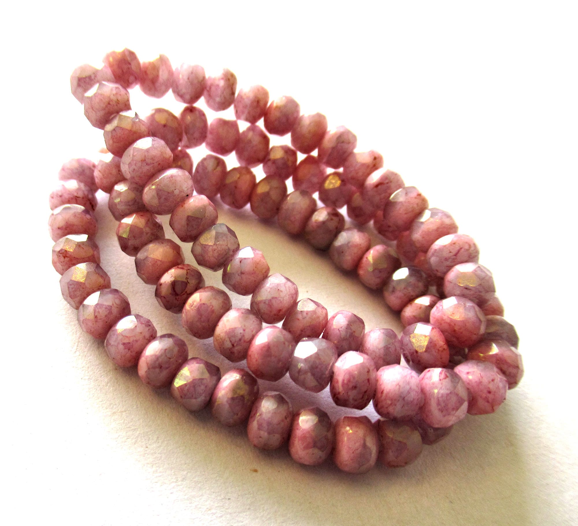 30 small Czech glass puffy rondelle beads - 3mm x 5mm opaque & transparent pink luster faceted fire polished rondelles - 00521