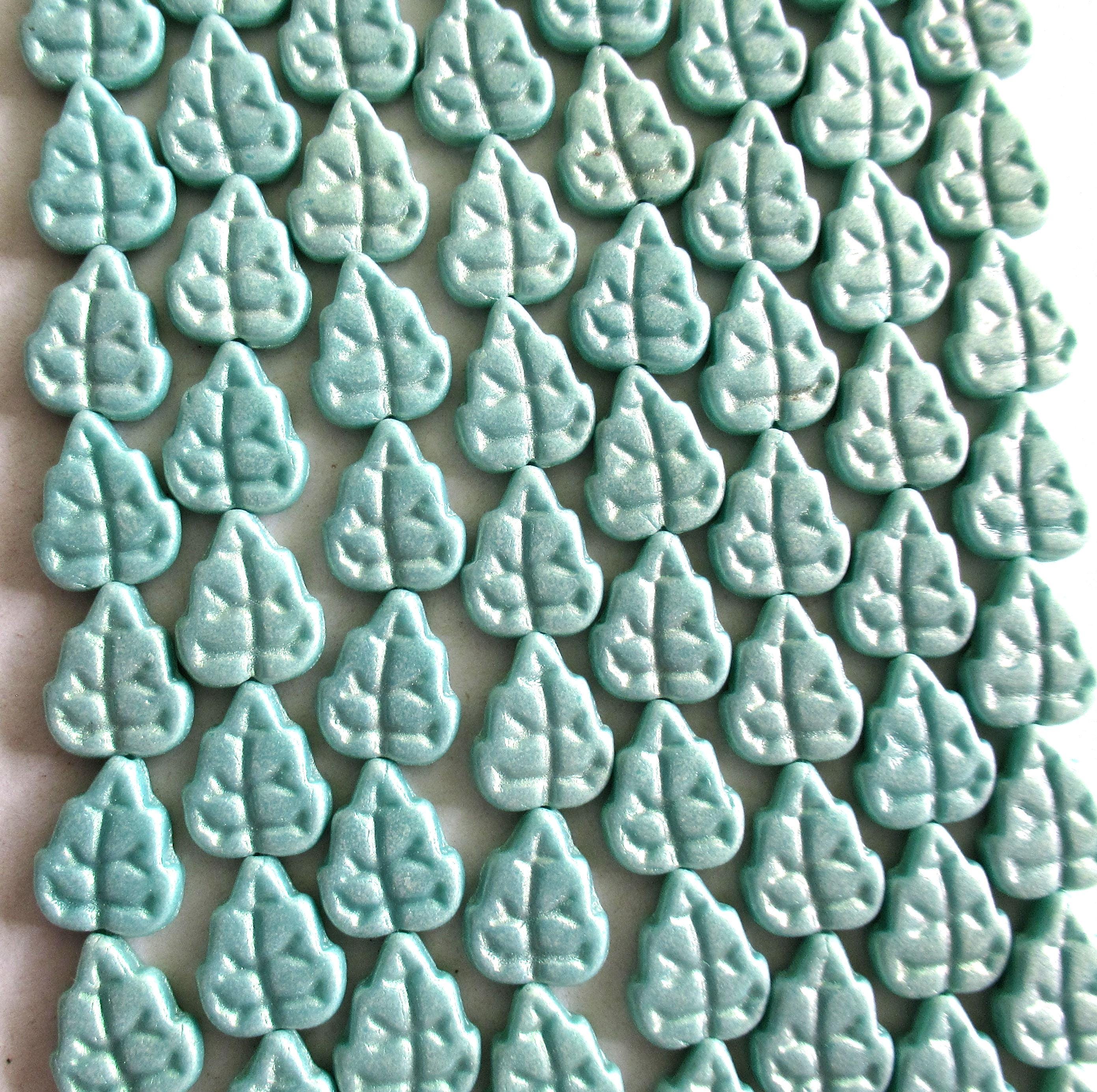 25 Czech glass leaf beads - sueded light turquoise green beads - 8 x 10mm leaves - C0029