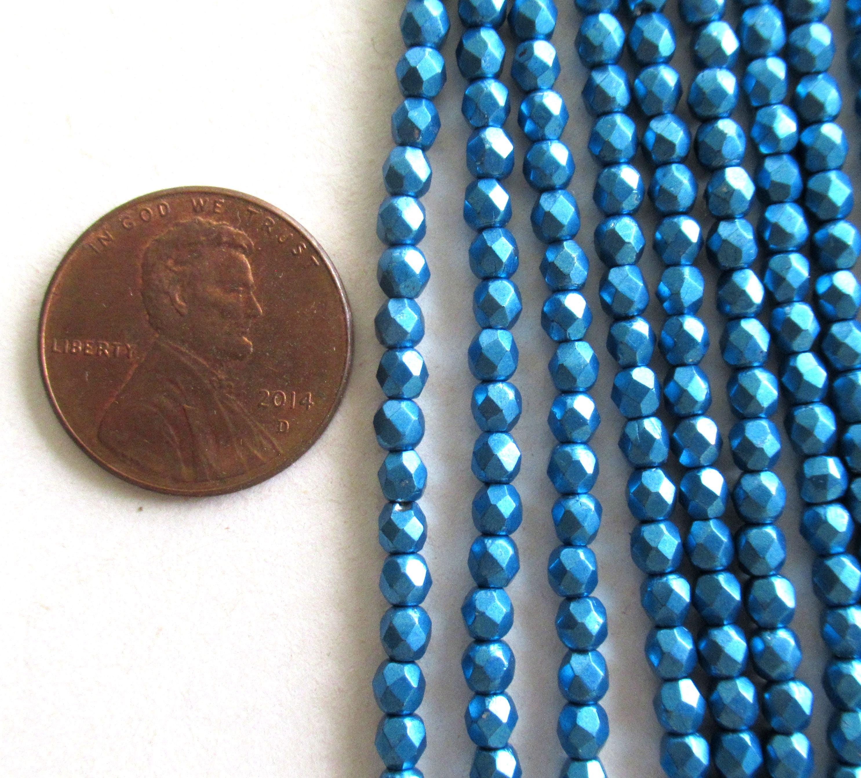 50 3mm Czech round glass beads - saturated metallic nebula blue - faceted fire polished beads - C0083