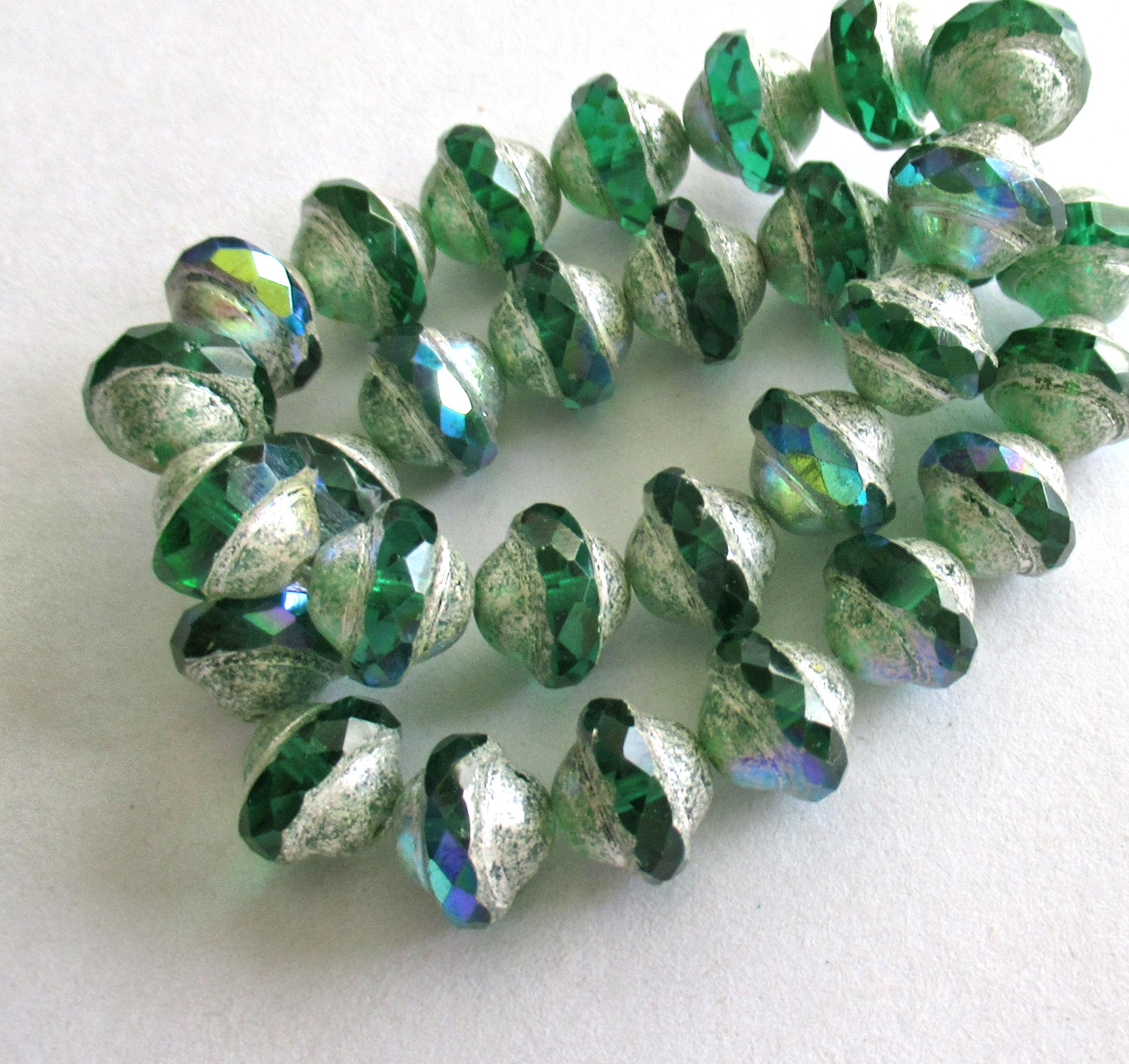 Fifteen Czech glass faceted saturn / saucer beads - 8 x 10mm - emerald green ab with antique silver picasso accents - C00081