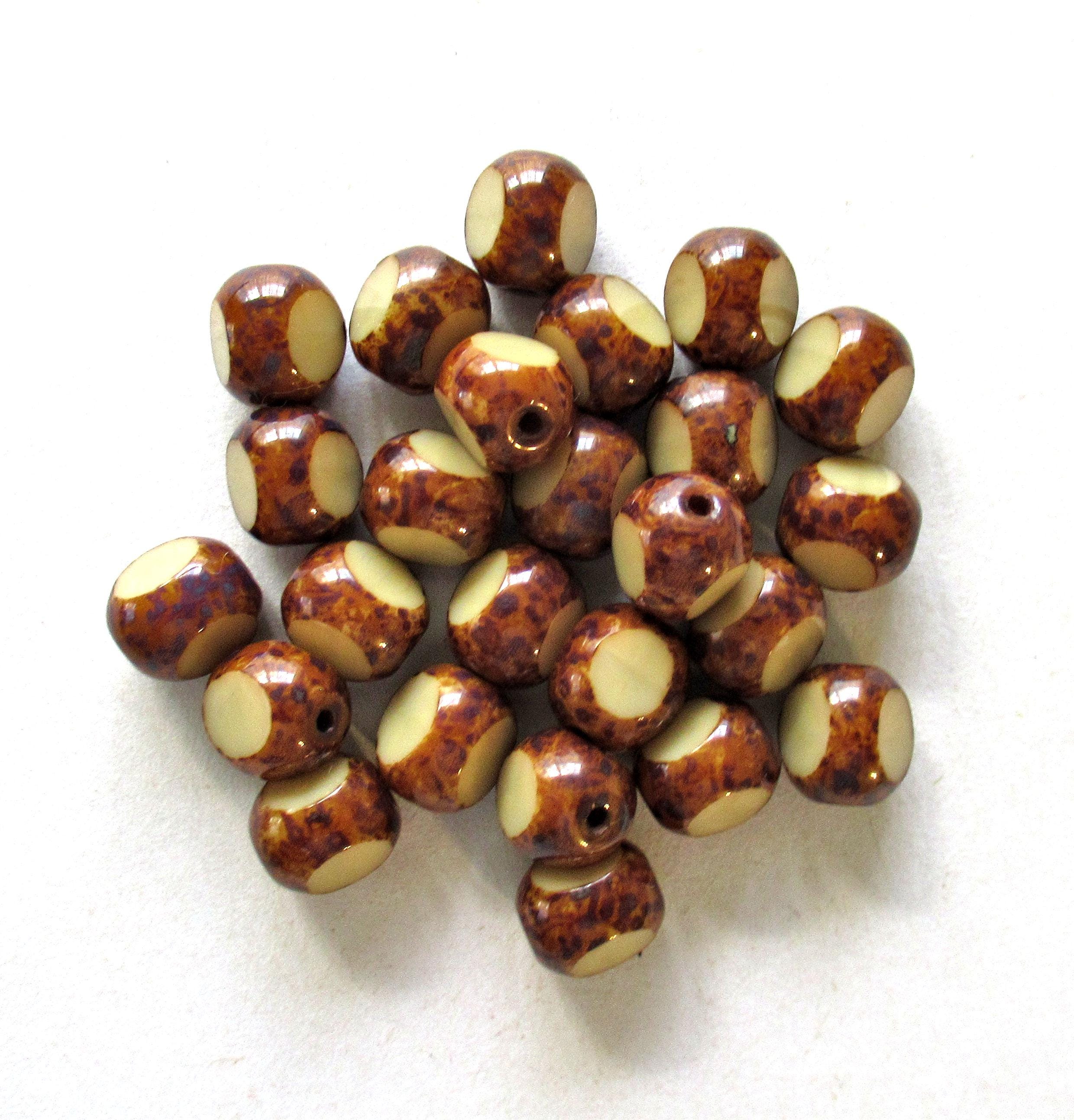 25 Czech glass tri-cut round beads - 8mm - off white or beige picasso beads - faceted table cut rustic earthy window beads C0099