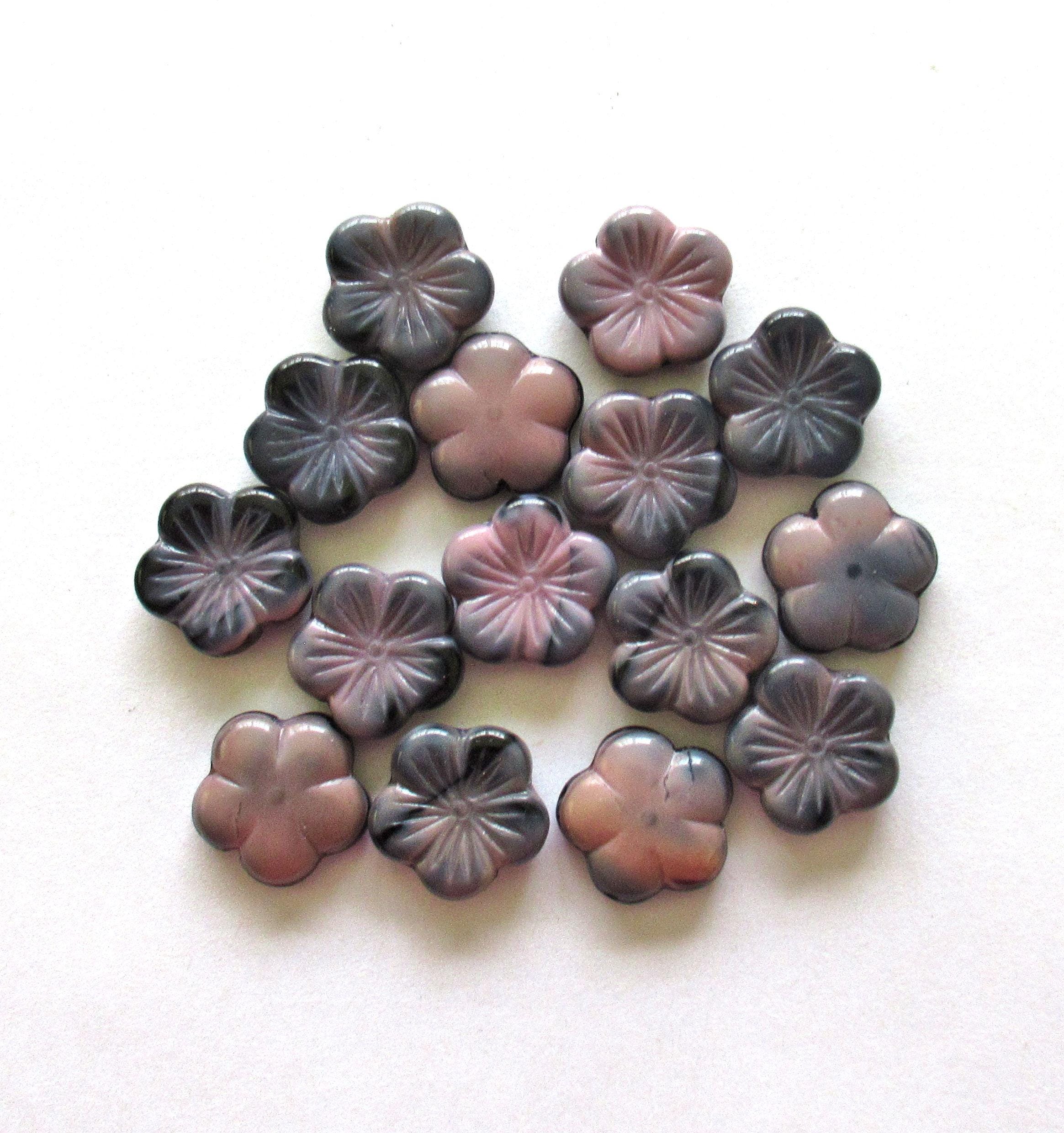 Ten 14mm Czech glass flower beads - marbled pink & black mix - pressed glass floral beads - C0441