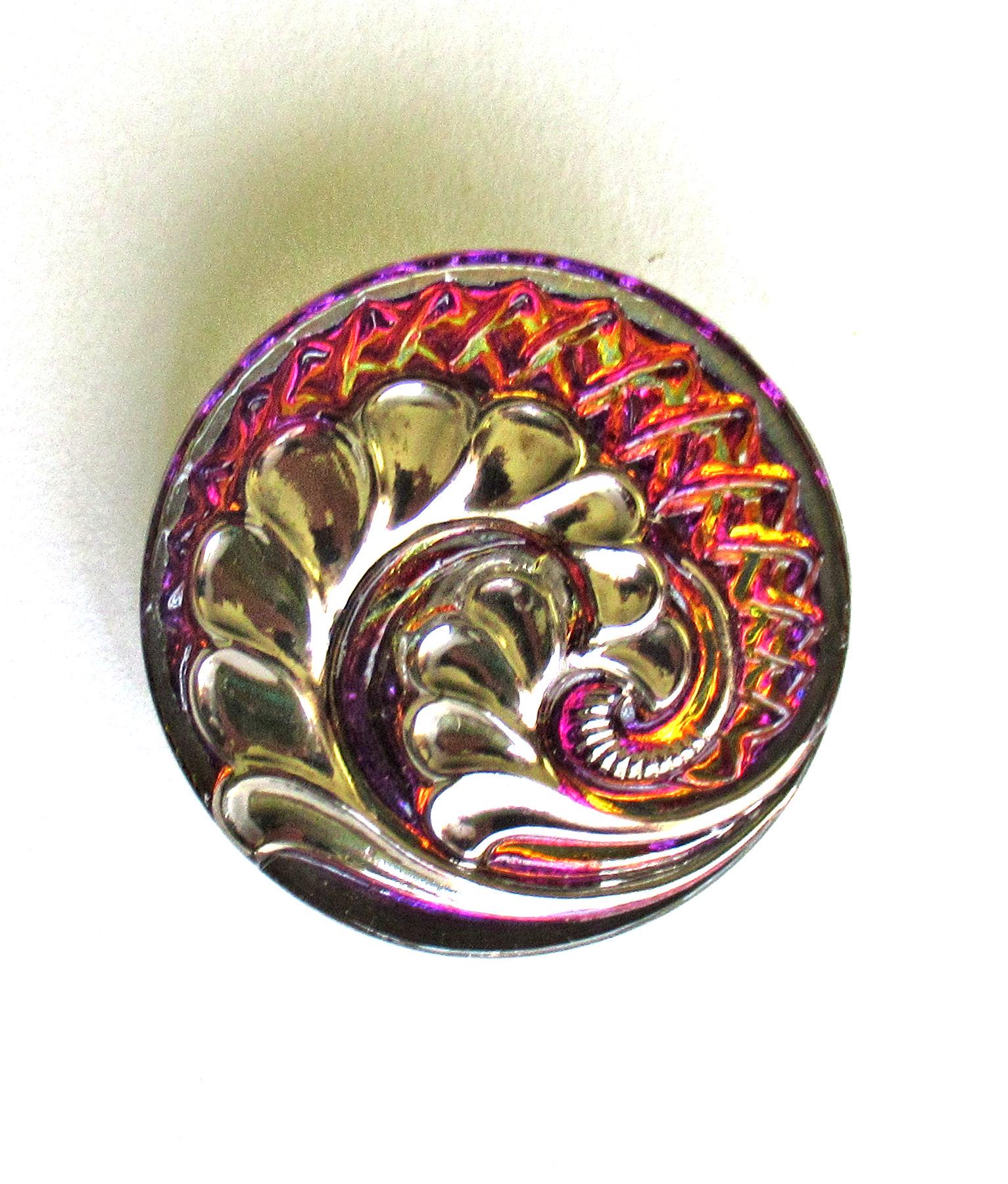One large 27mm Czech glass frond button - iridescent pink purple & orange with silver - ornate decorative shank button - C00072