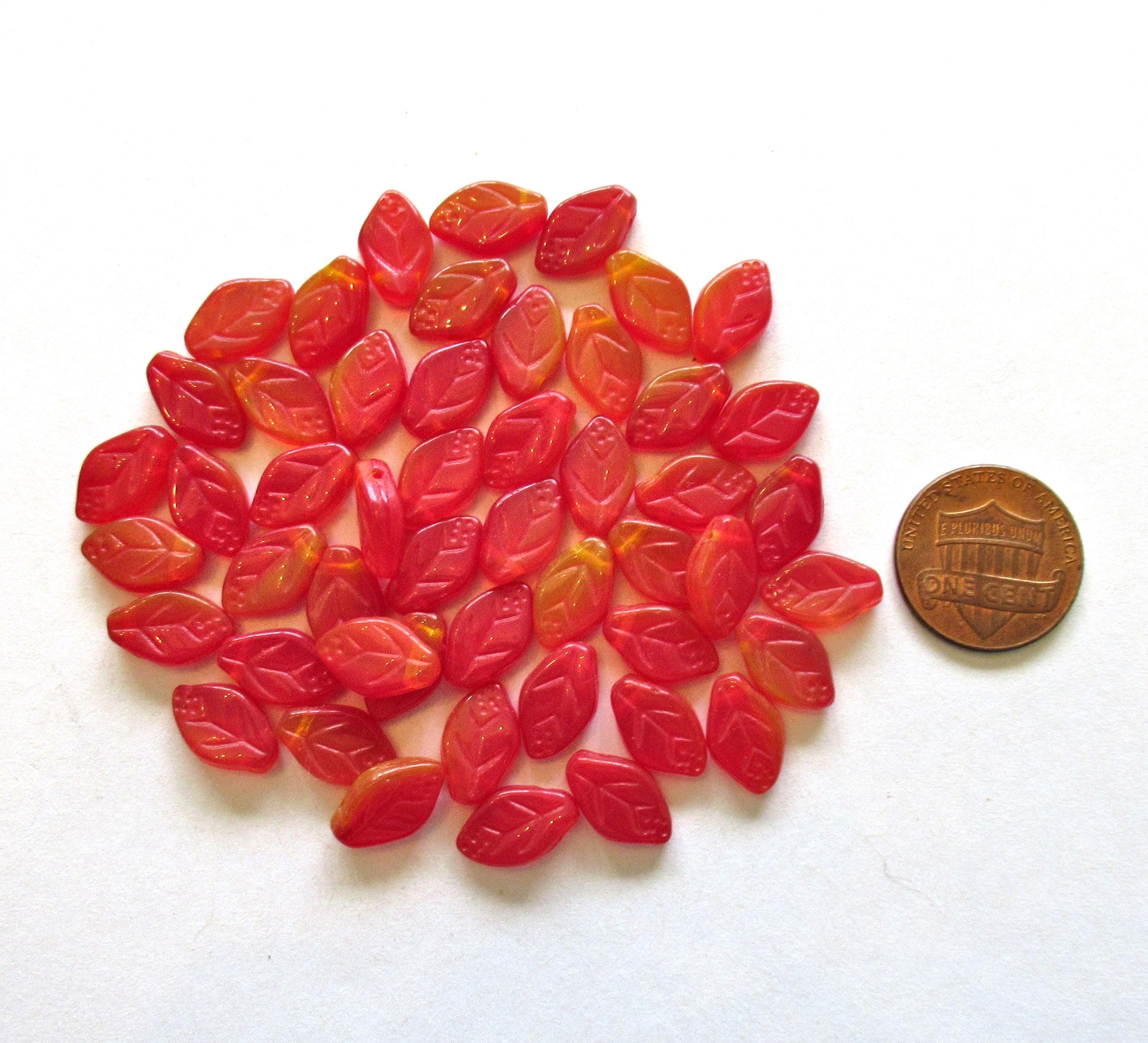 25 Czech glass leaf beads -red & yellow opaline mix - 12 x 8mm - side drilled leaves - C00011