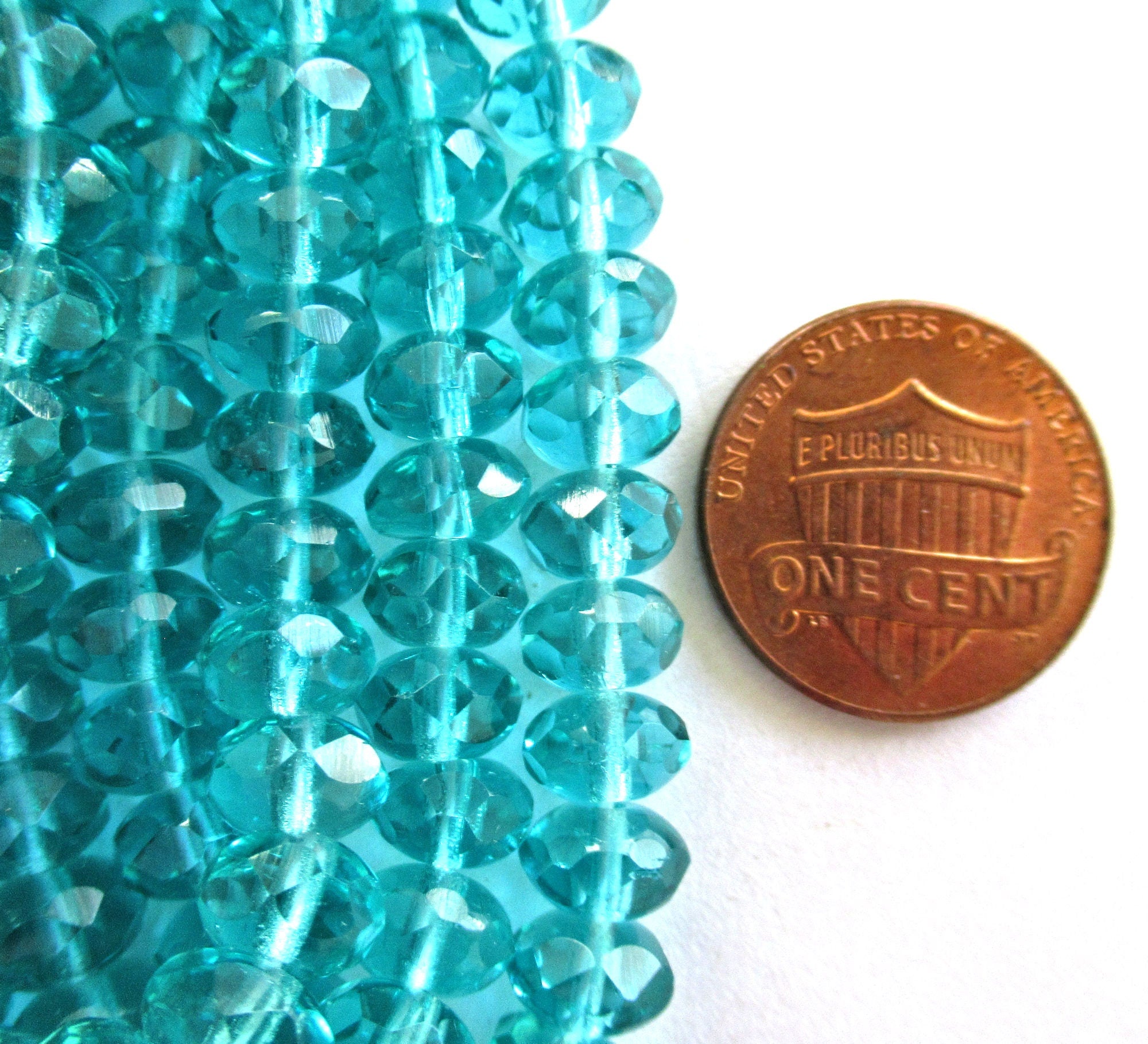 25 faceted Czech glass puffy rondelle or donut beads - 5 x 7mm transparent light teal blue green beads - C0035