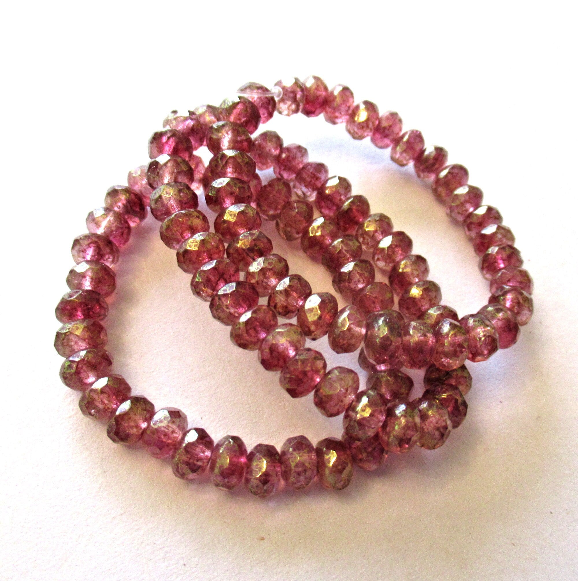 Lot of 30 small Czech glass puffy rondelle beads - 3mm x 5mm pink gold luster faceted fire polished rondelles Czech - 00031
