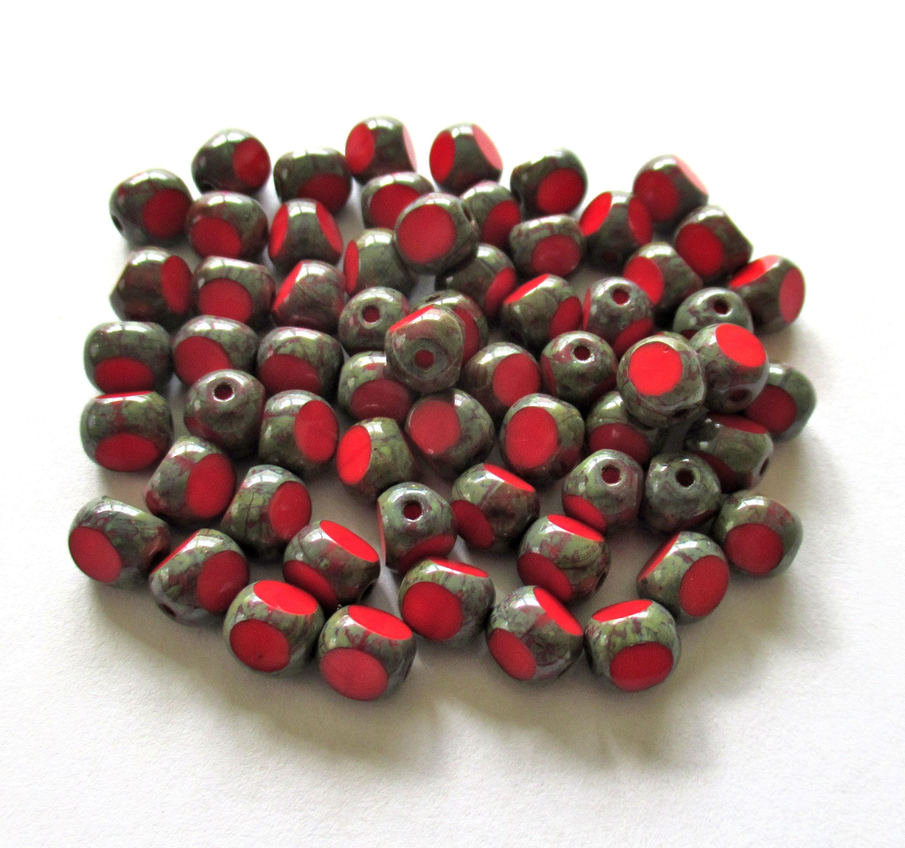 25 6mm Czech glass window beads - opaque red picasso - tri-cut faceted rustic earthy beads C0057