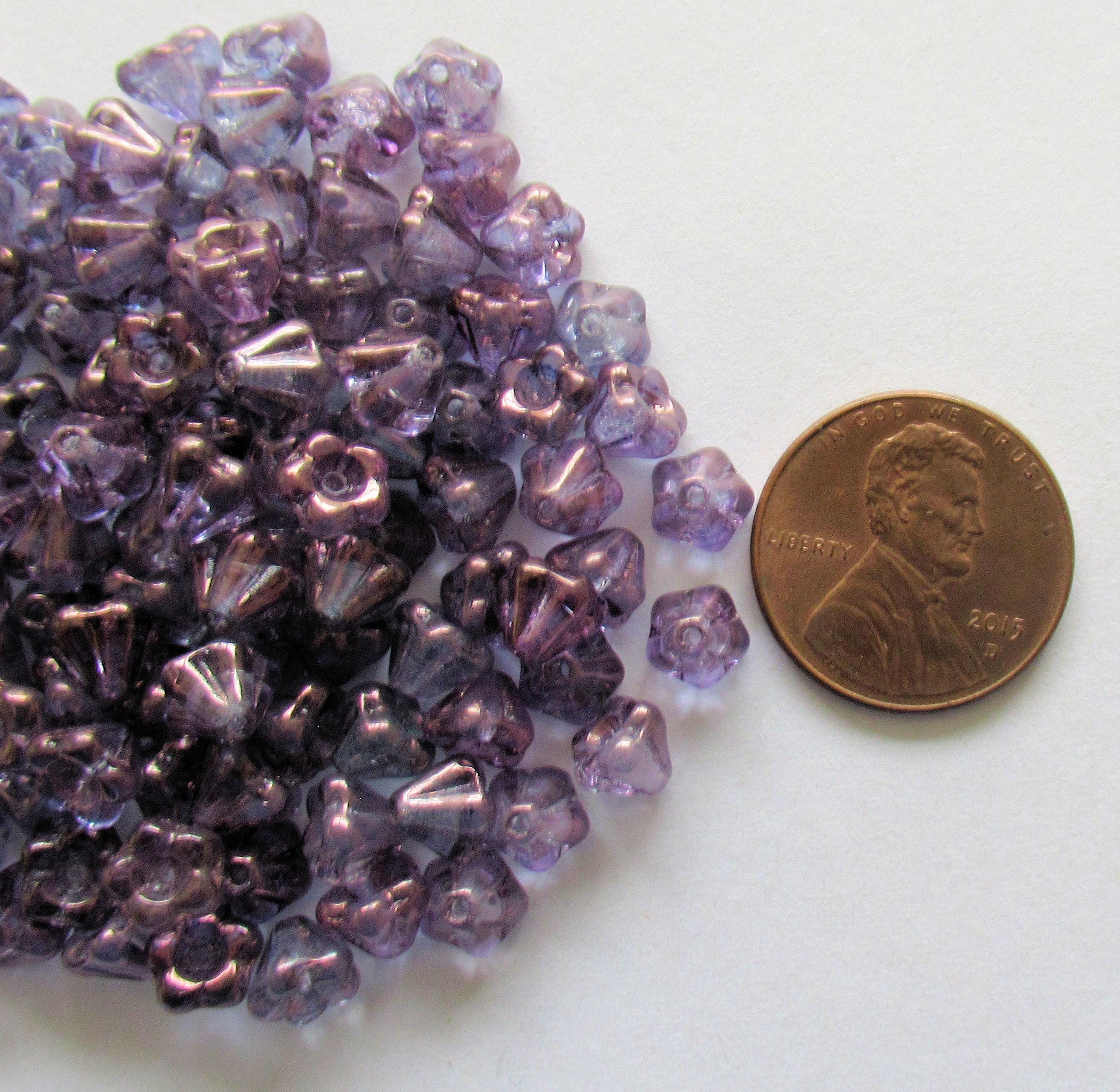Lot of 50 Czech glass baby Bell Flower beads - 4x 6mm - lumi amethyst / purple pressed glass flower beads - C00201