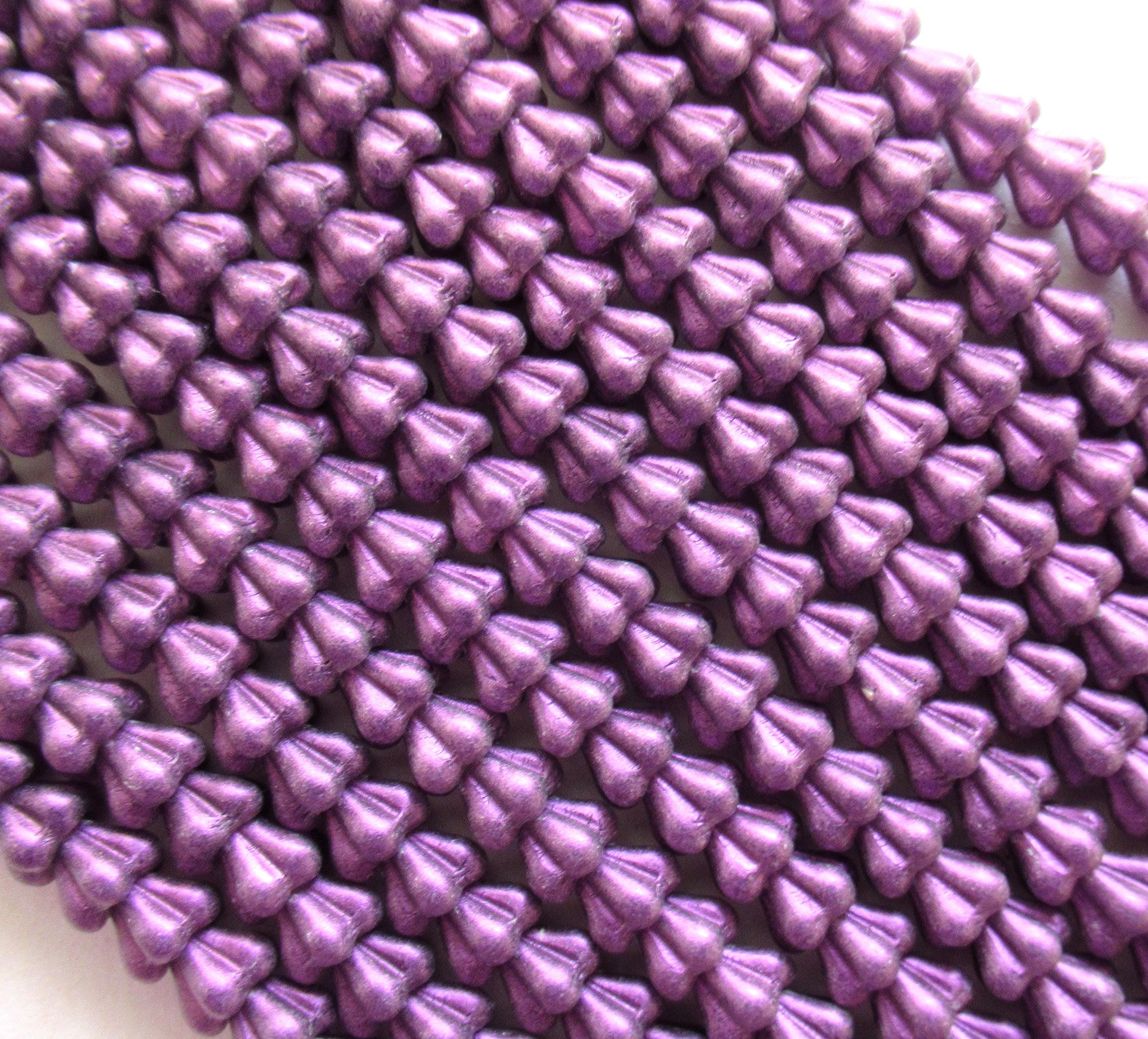 50 Czech glass baby bell flower beads - opaque matte metallic purple suede beads - 6mm x 4mm - pressed glass beads C0089