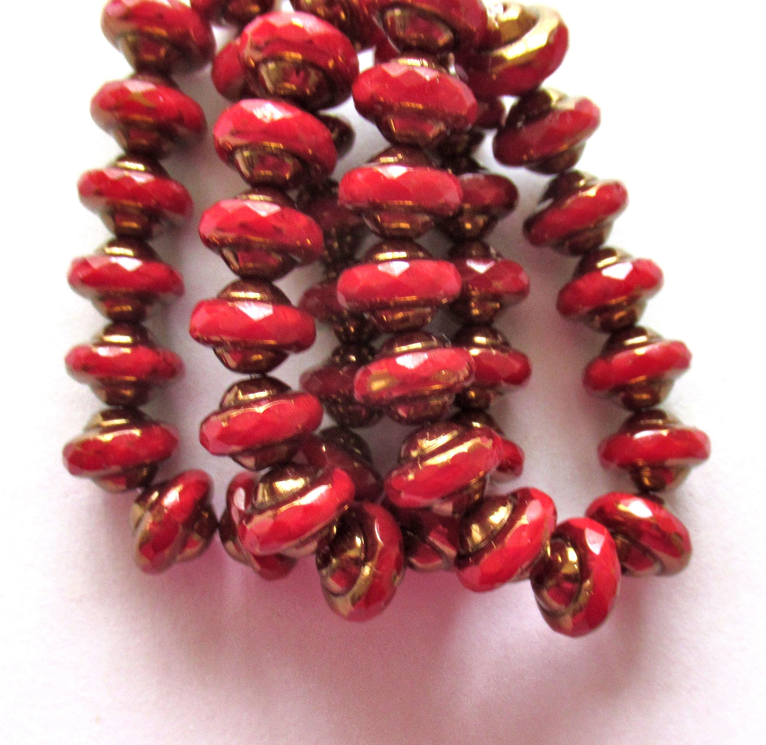 15 Czech glass mini saturn or saucer beads - opaque bright red w/ bronze picasso accents - 6 x 8mm faceted fire polished beads- C00842