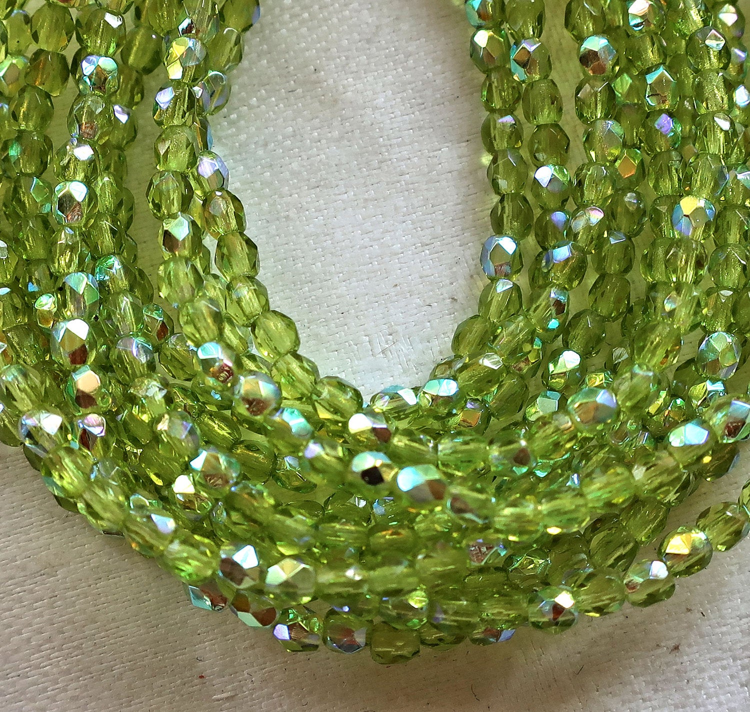 Lot of 50 3mm Olive, Olivine Green AB Czech glass beads, fire polished, faceted round beads C7401