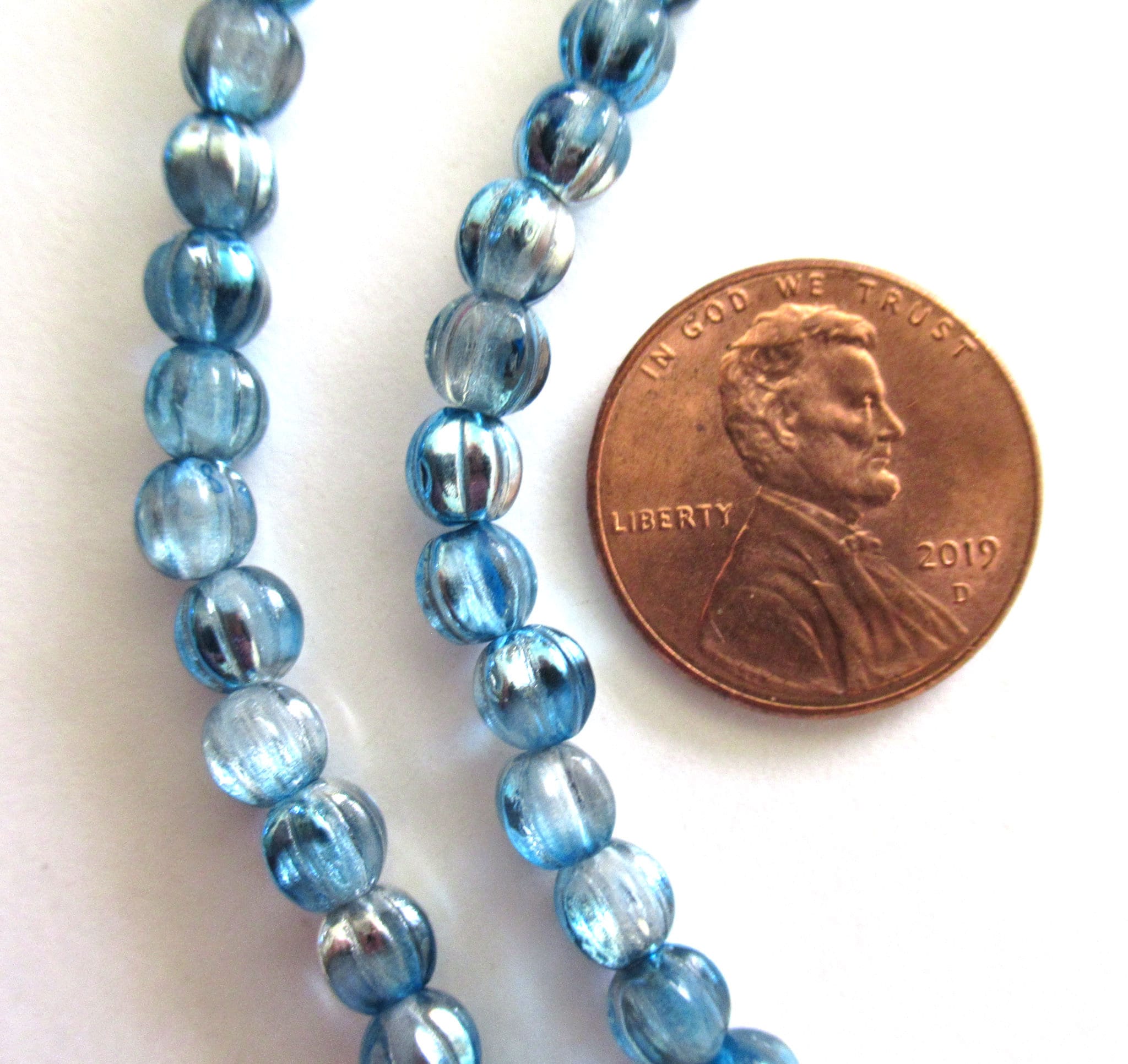 Fifty 5mm Czech glass melon beads - Pressed capri blue half silver beads - 0097