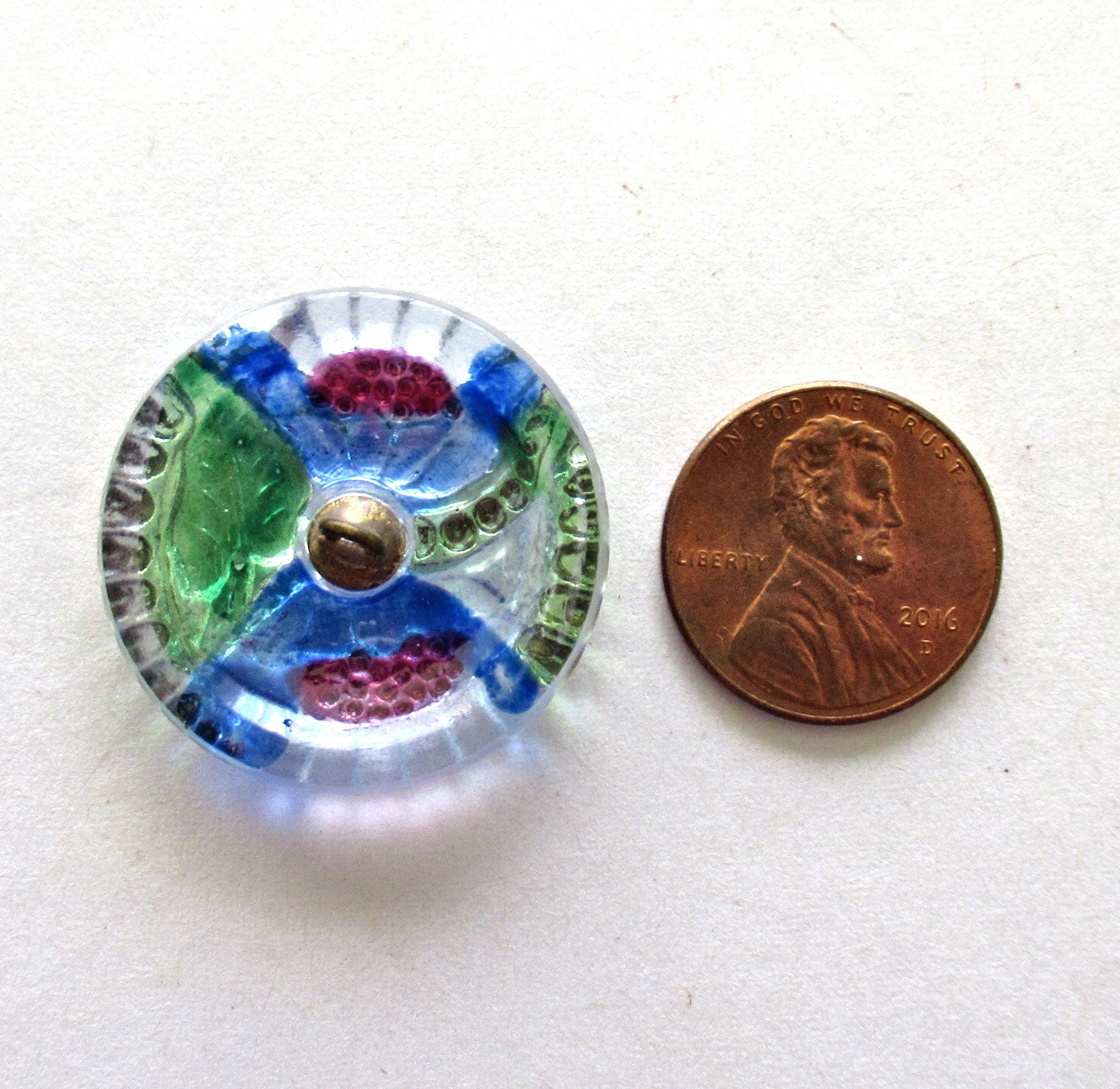 One 27mm Czech flower glass button - blue, pink, green & clear glass with gold accents - two flowers decorative shank button- C5301