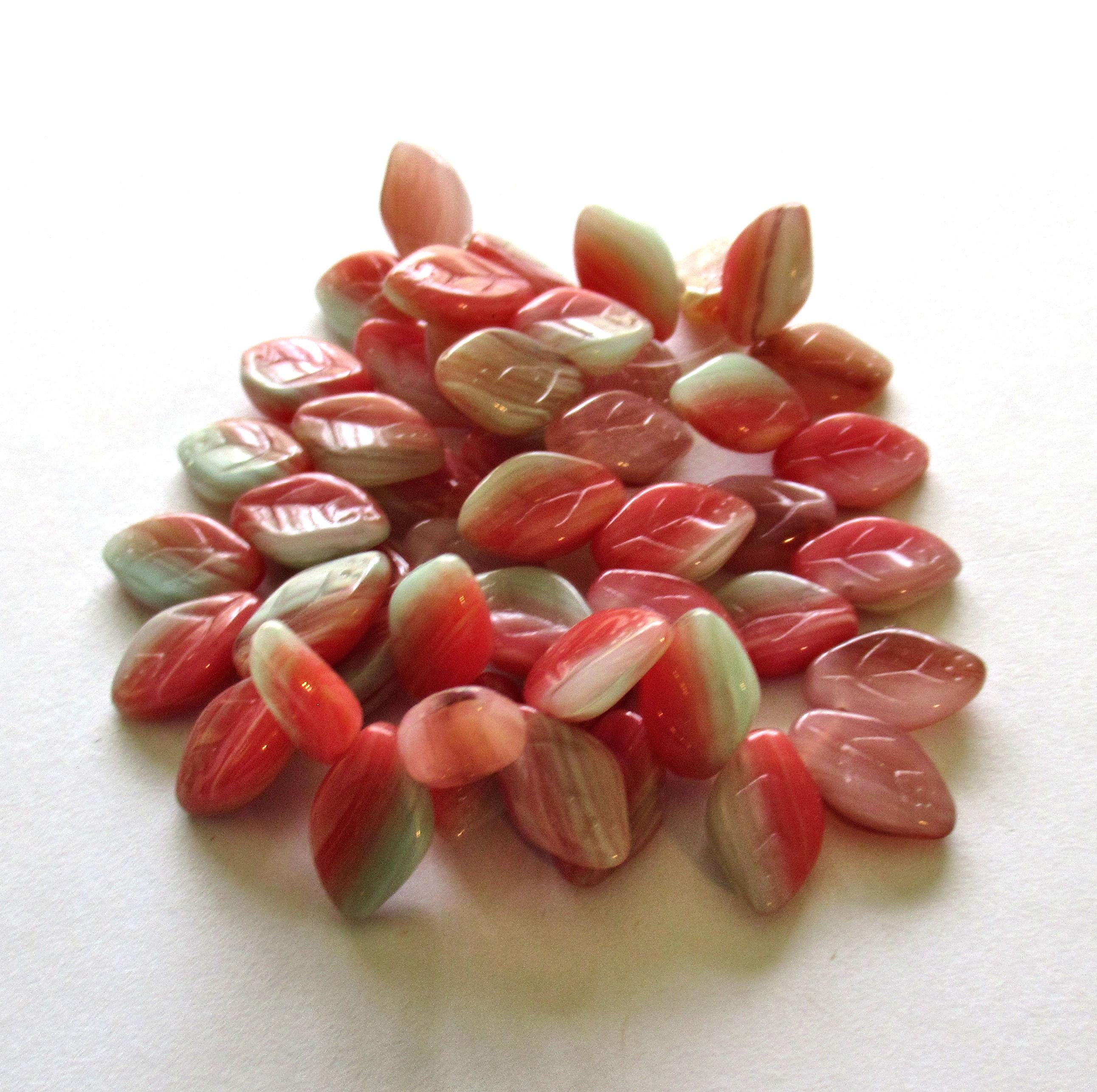 25 Czech glass leaf beads -green & orange marbled mix - 12 x 8mm - side drilled leaves - C00501