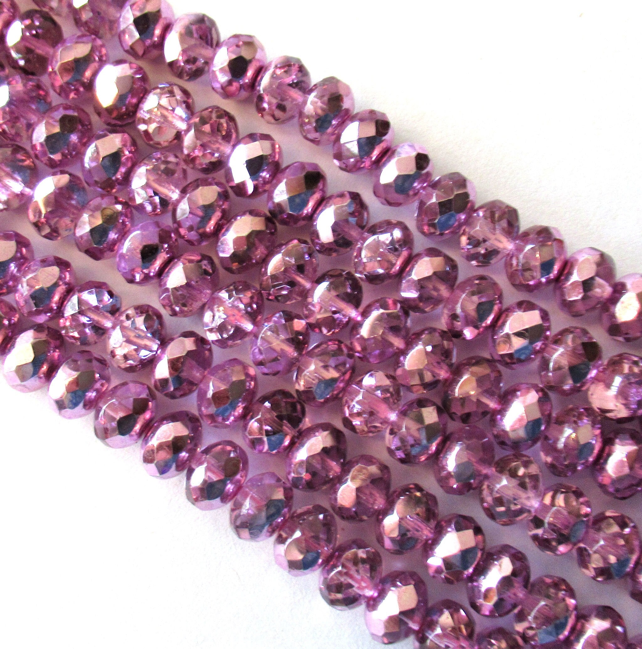 Lot of 25 6 x 9mm Czech glass puffy rondelle beads - purple / pink rose metallic ice fire polished, faceted beads C00681