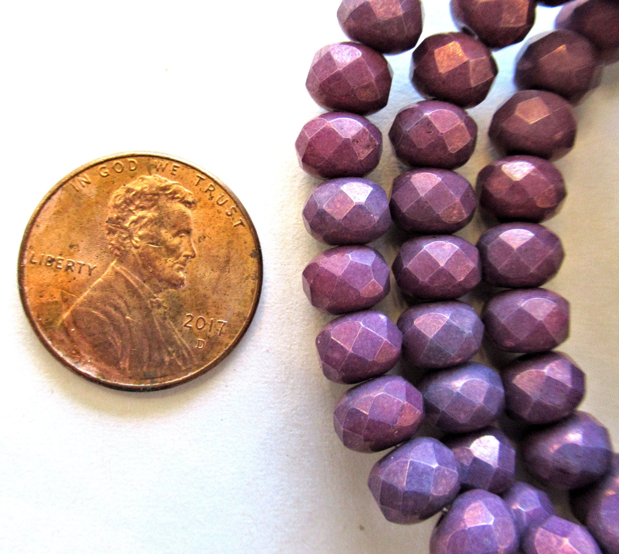 25 Czech glass faceted puffy rondelle beads - 5 x 7mm opaque bright purple / amethyst luster rondelles - C00381