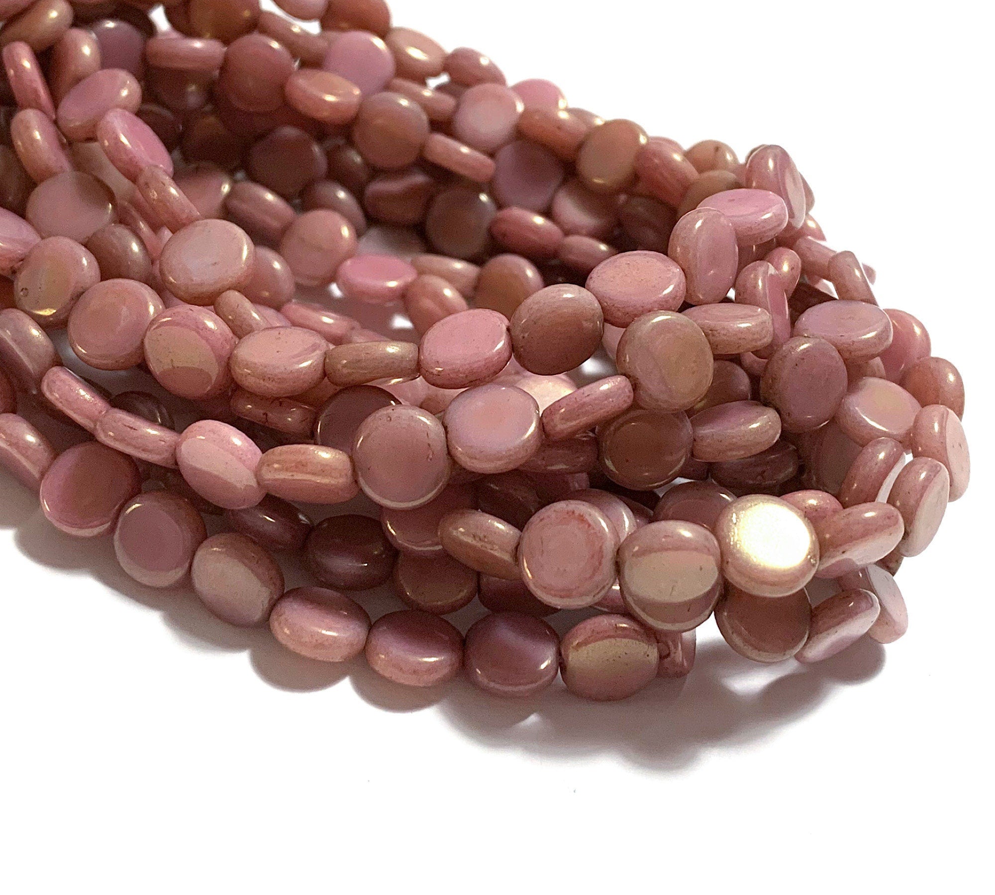 Lot of 30 8mm Czech glass flat round beads - pink luster coin or disc beads C0039