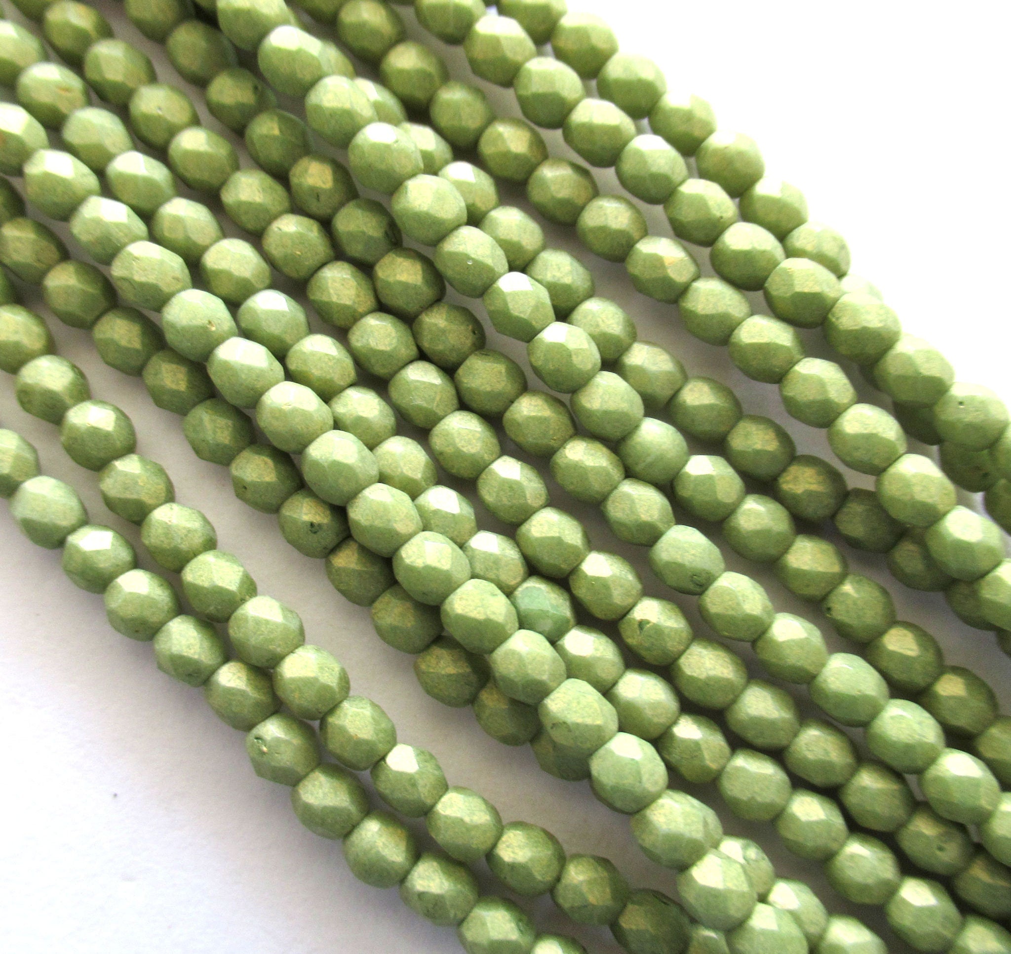 50 3mm Czech glass beads - opaque pacifica avocado green fire polished - faceted round beads - C0085