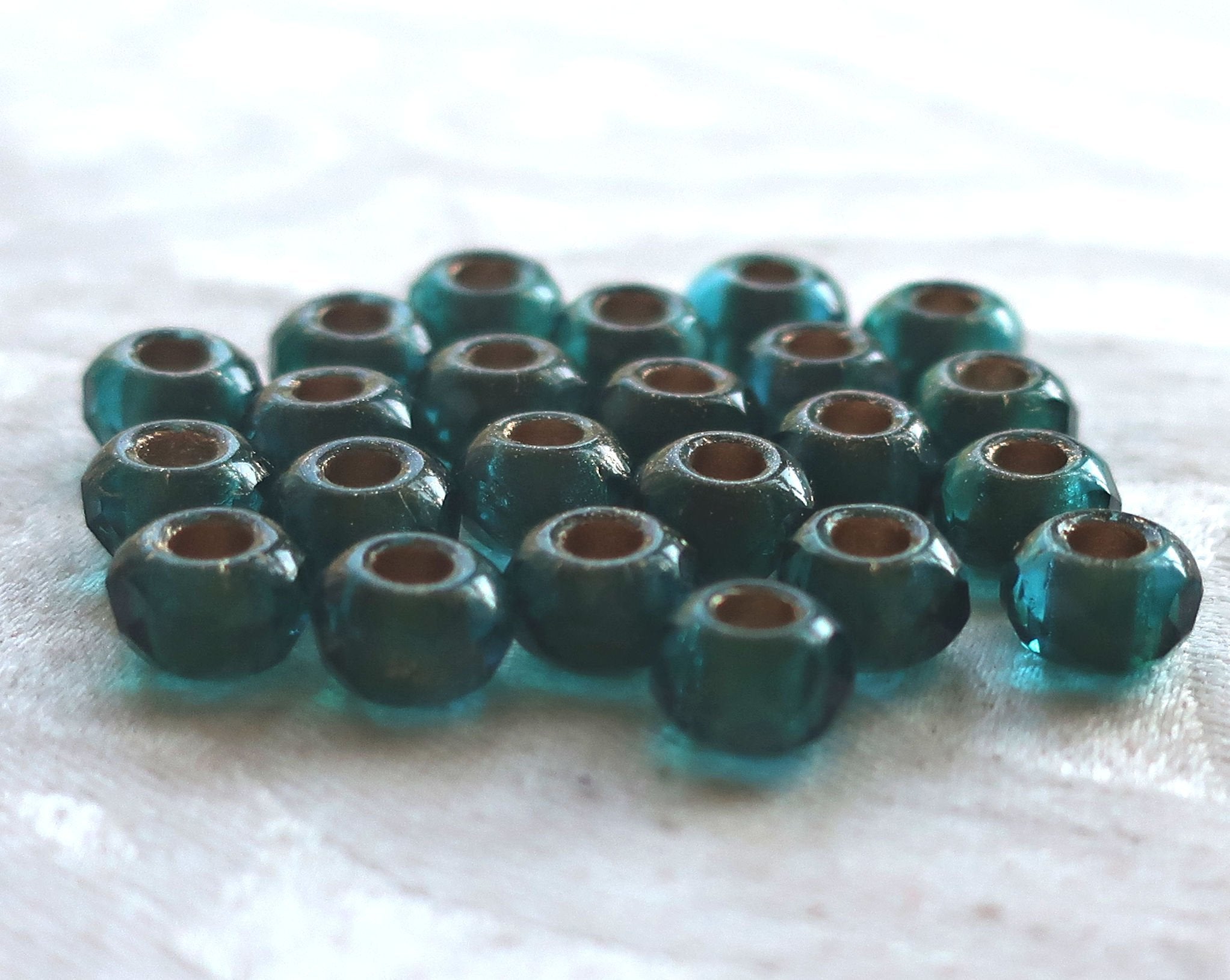 Ten Czech glass roller beads, 9 x 6mm viridian, teal or emerald gold lined, faceted round rondelle beads, big 3mm hole, large holes C08110