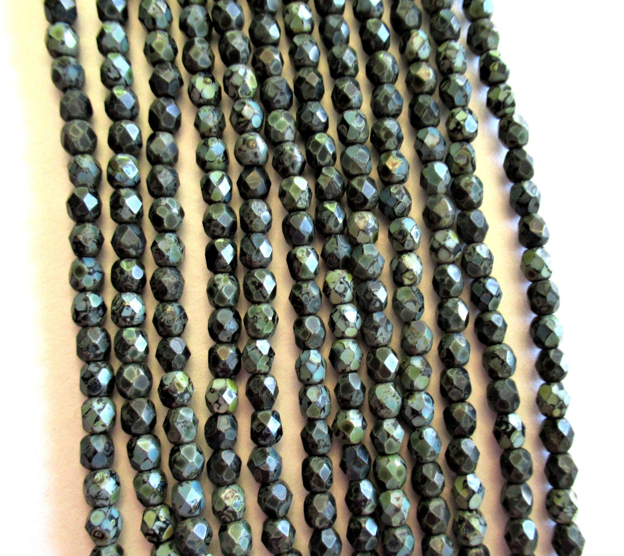 Fifty 4mm Czech glass beads - jet black with a picasso finish - fire polished faceted round beads - C0025
