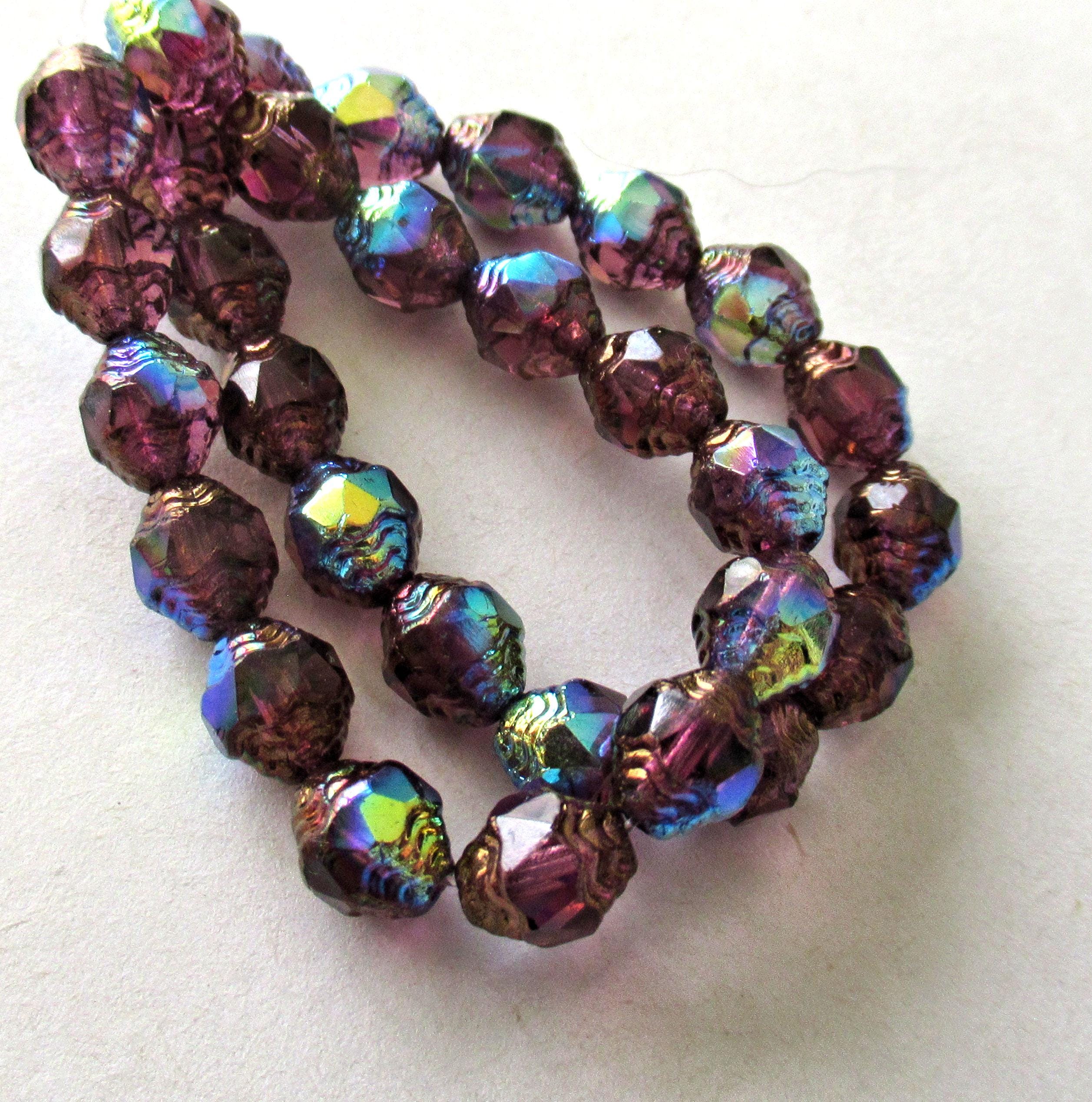 15 Czech glass mini antique style oval cathedral beads - 8 x 6mm amethyst purple ab beads with bronze accents - faceted fire polished beads - C00191