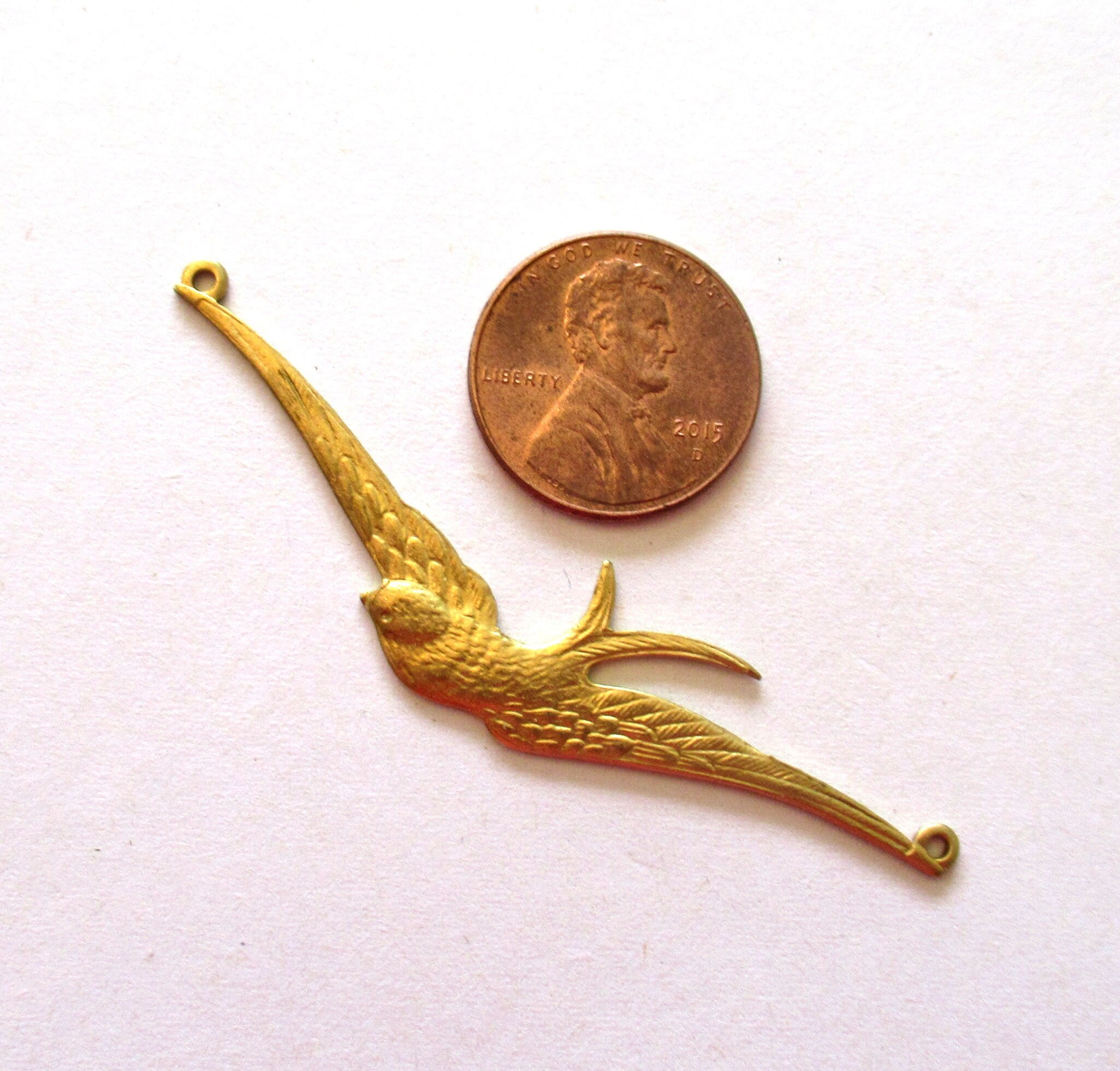 1 raw brass bird tamping - flying bird - pendant - connector - ornament, 2.50" x .5" inches USA made C0098
