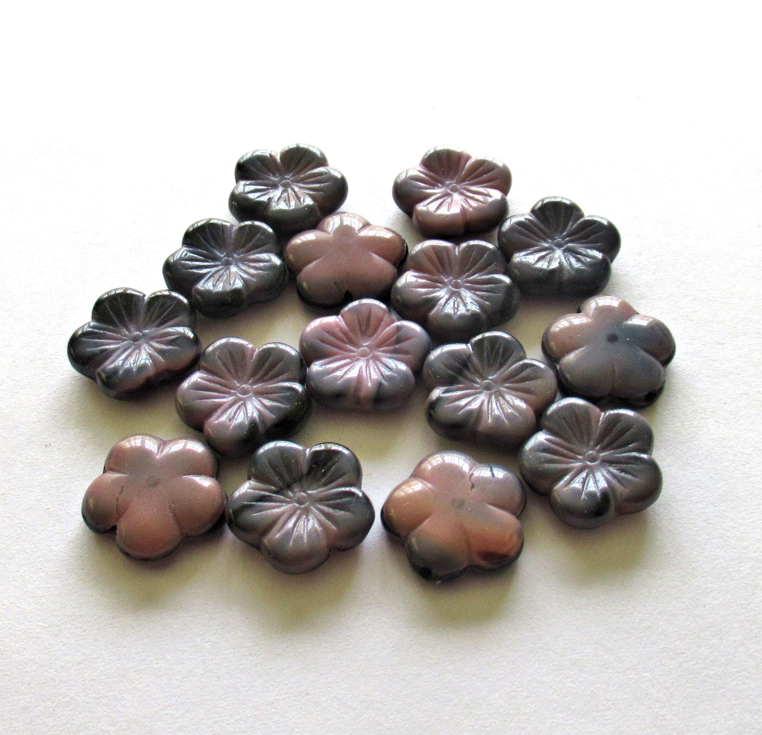 Ten 14mm Czech glass flower beads - marbled pink & black mix - pressed glass floral beads - C0441