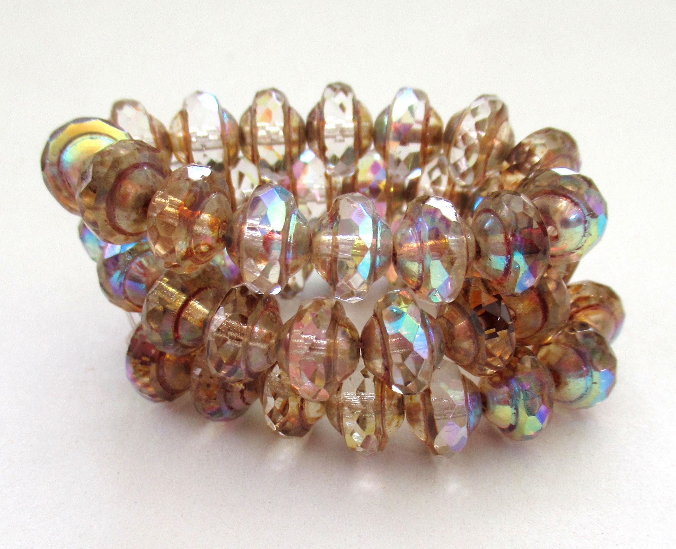 Fifteen Czech glass mini saturn beads - 6 x 8mm crystal clear picasso ab beads - faceted fire polished saucer beads - C00302