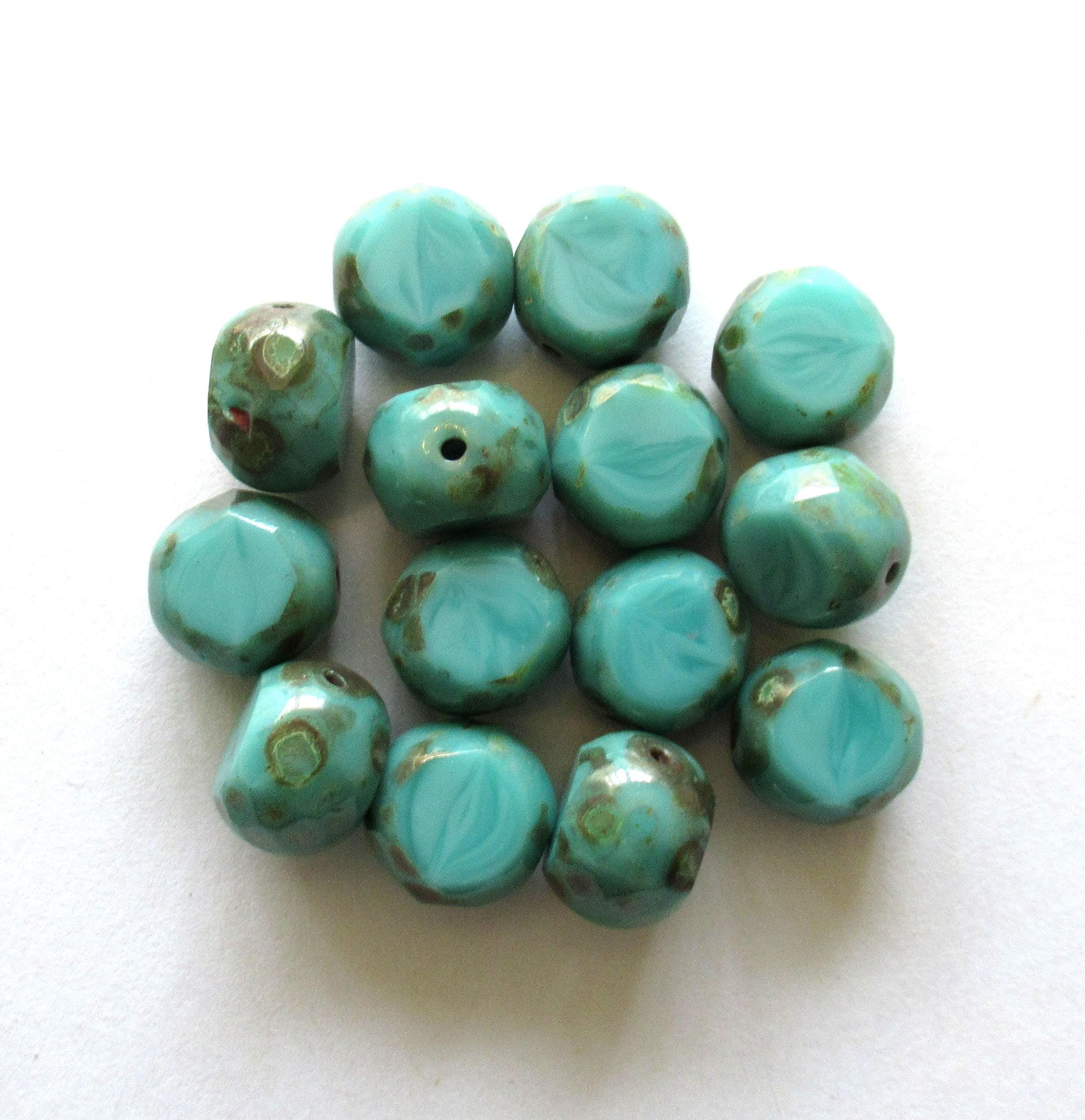 Six 12mm large Czech glass beads - opaque turquoise blue green faceted window beads - statement or focal beads - dual faceted table cut beads - 600432