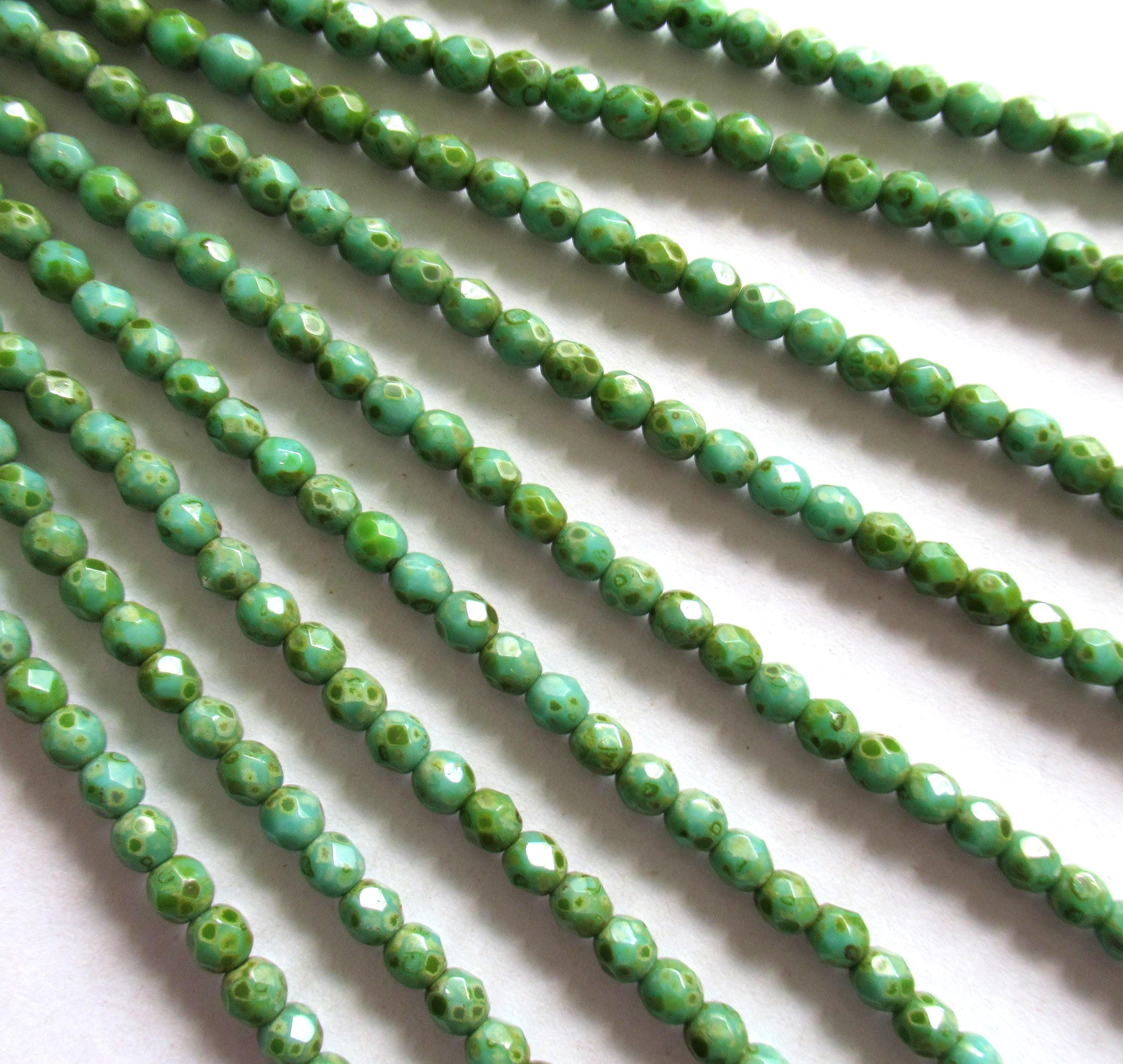 50 Turquoise Blue Green Picasso Czech glass beads - 4mm - fire polished faceted round beads - C0008