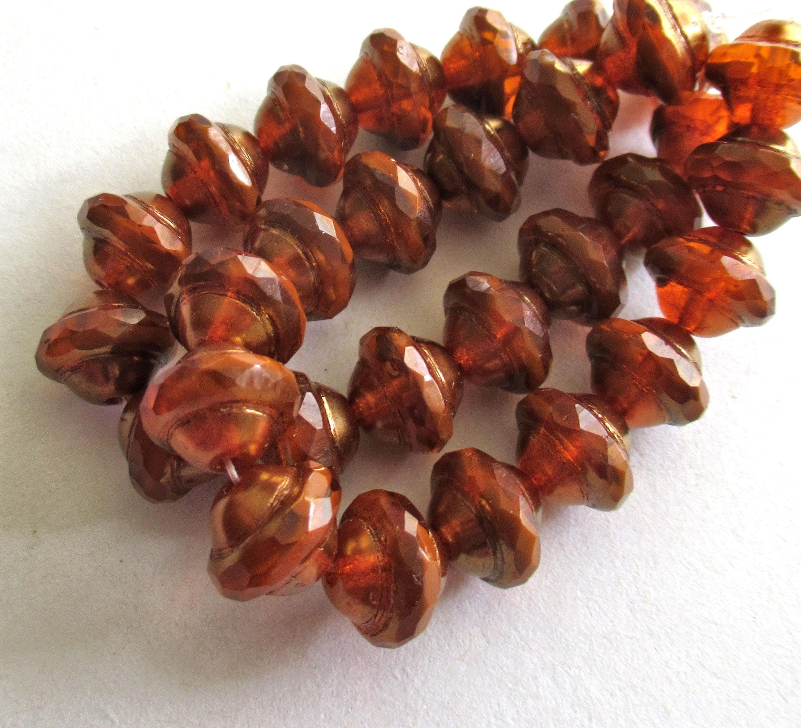 Ten Czech glass faceted saturn saucer beads - 8 x 10mm rust pumpkin orange brown w/ bronze picasso accents - C00591