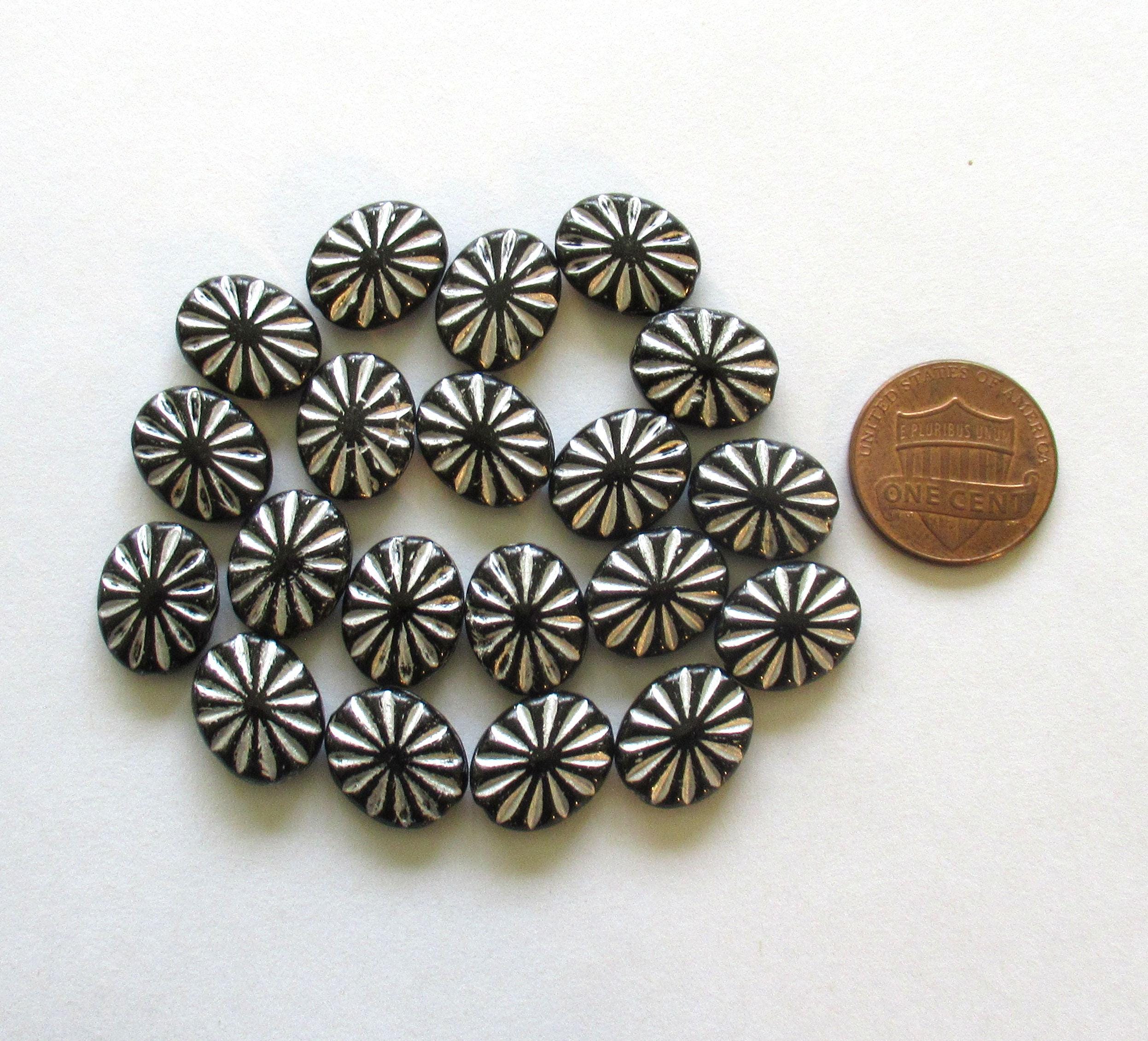 Czech glass oval beads - black beads with a silver wash - 14mm x 11mm - sun burst pressed glass beads - 8 beads - C0431