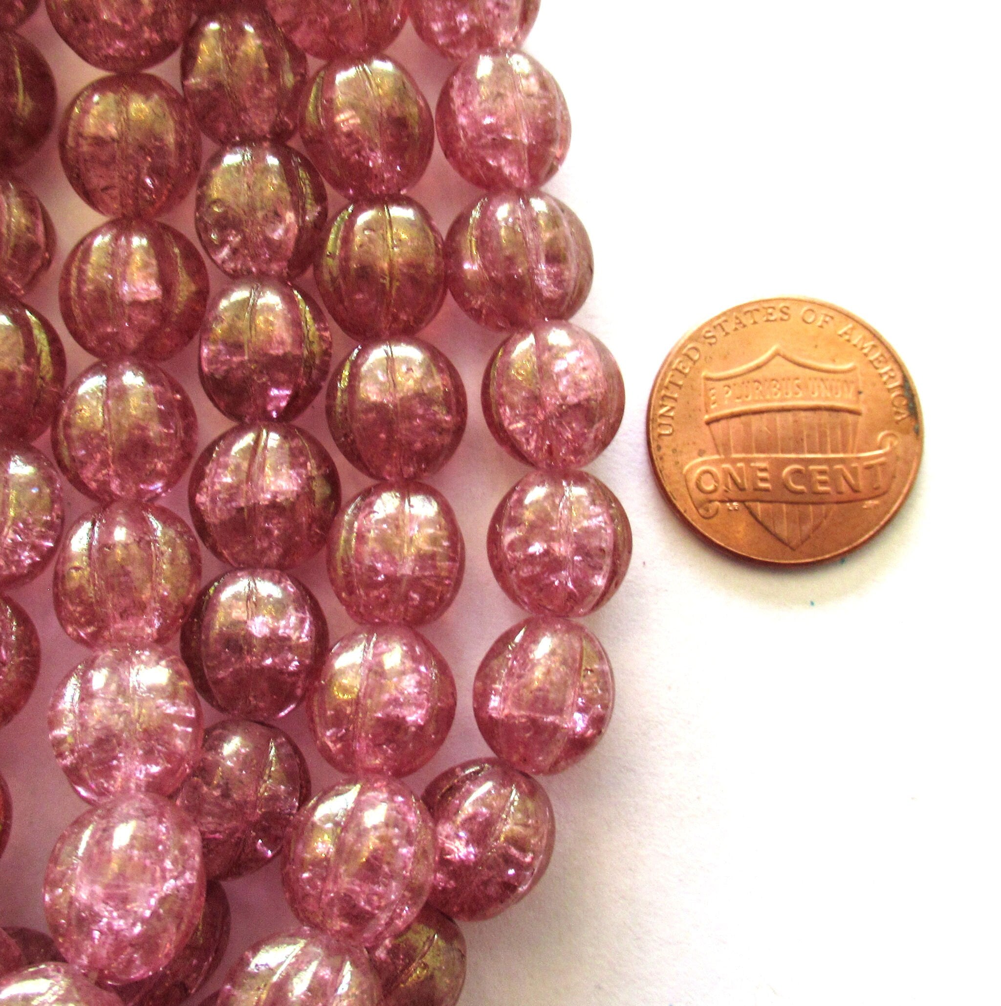 Ten 10mm Czech glass melon beads - pink crackle glass pressed beads - C0049