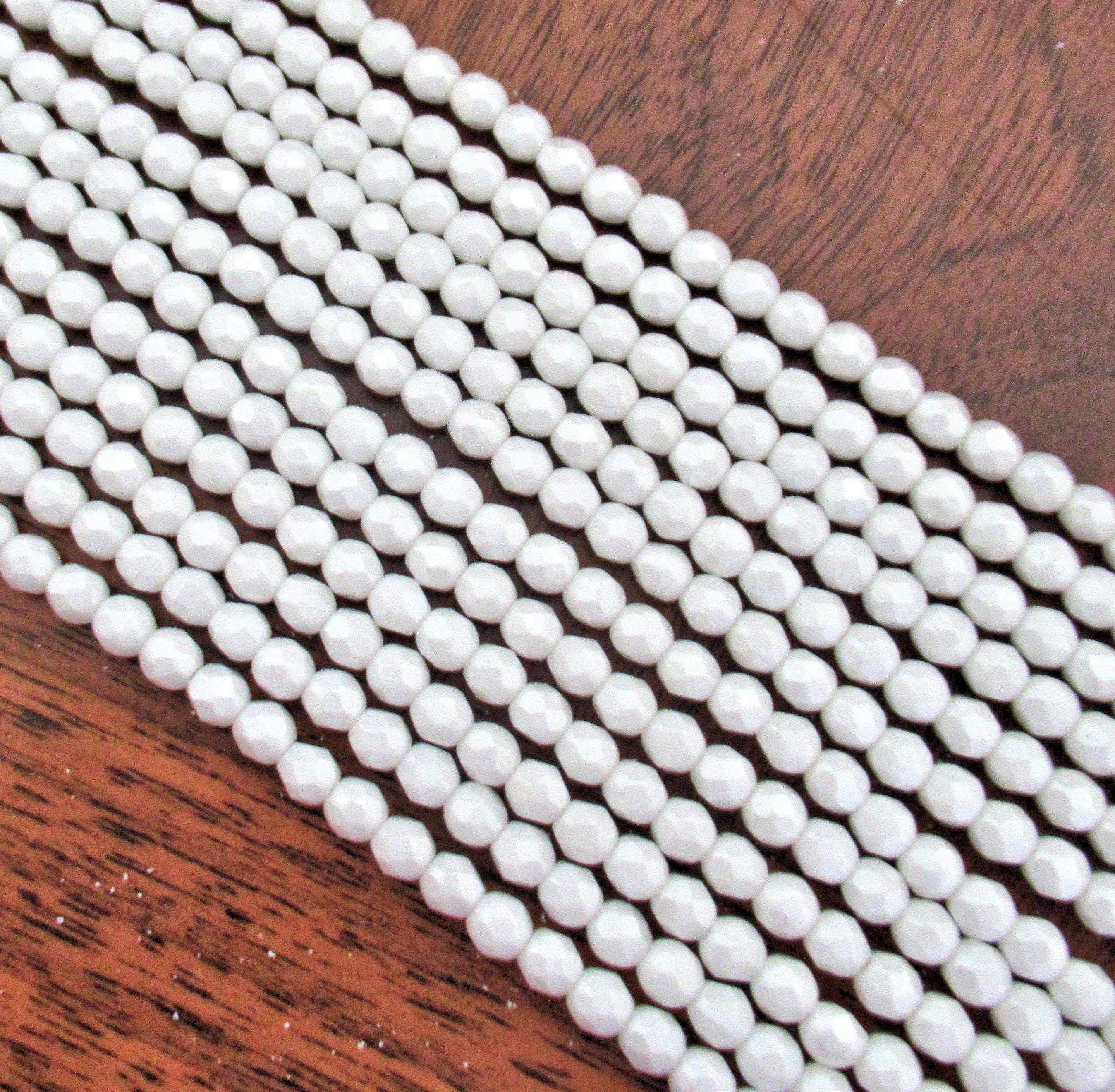 Lot of 50 4mm Czech glass beads - Metal Luster Alabaster White - fire polished faceted round beads - C0084