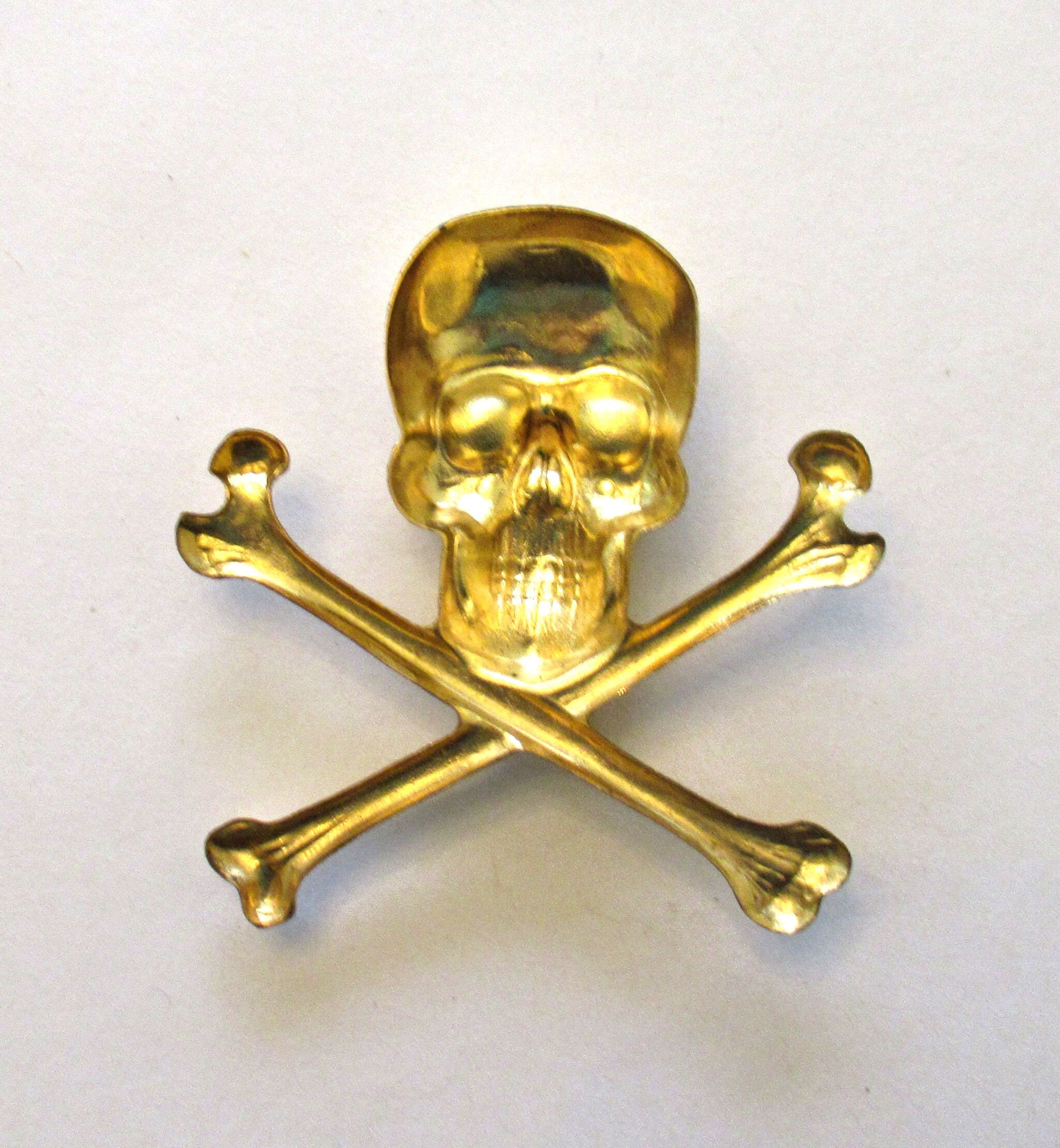 1 large scull and cross bones raw brass stamping - pirate pendant - ornament - component - 2.25" x 2.25" inches - made in the USA C00631