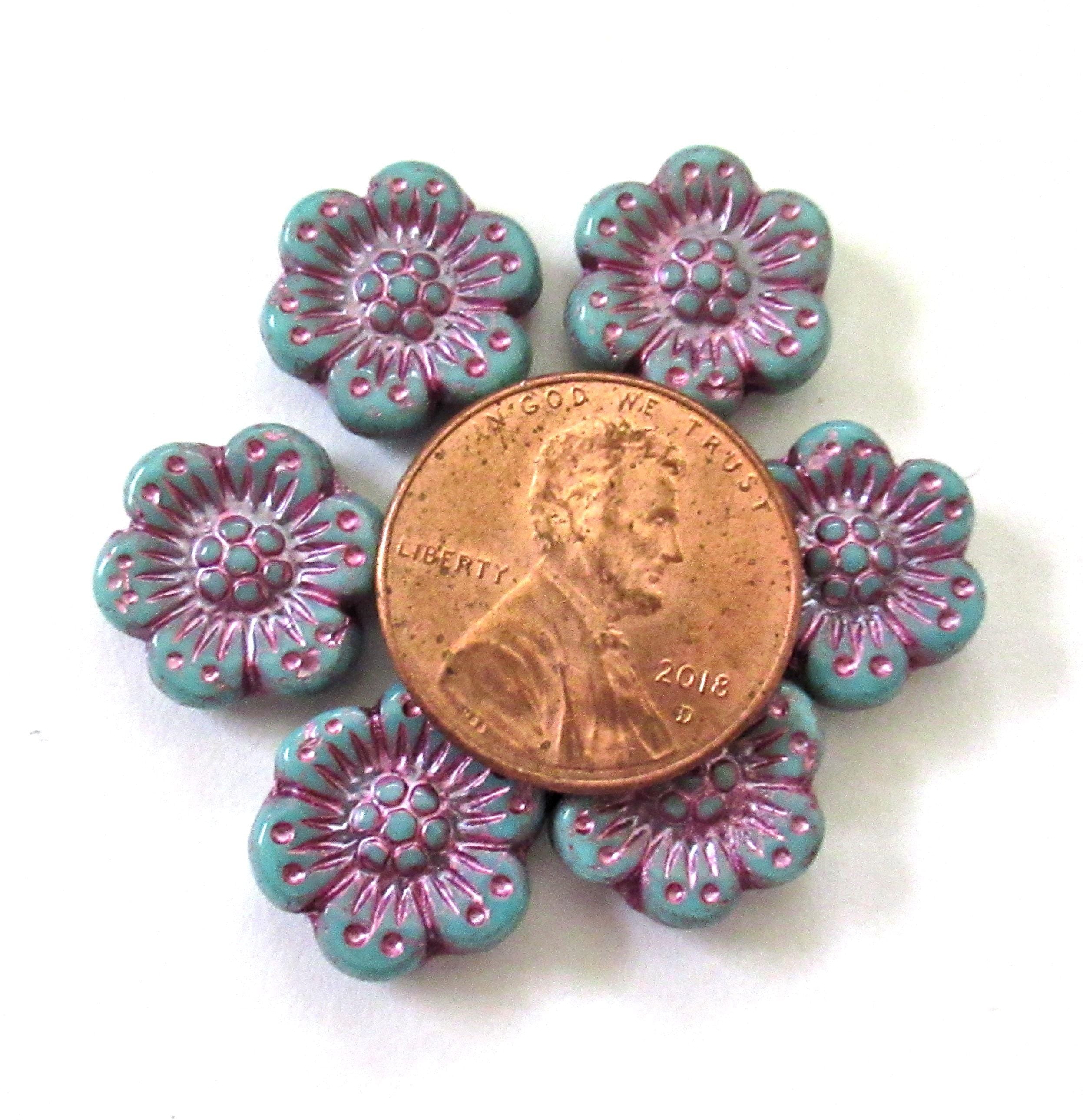 Twelve Czech glass wild rose flower beads - 14mm opaque turquoise blue floral beads with a pink wash - C00022