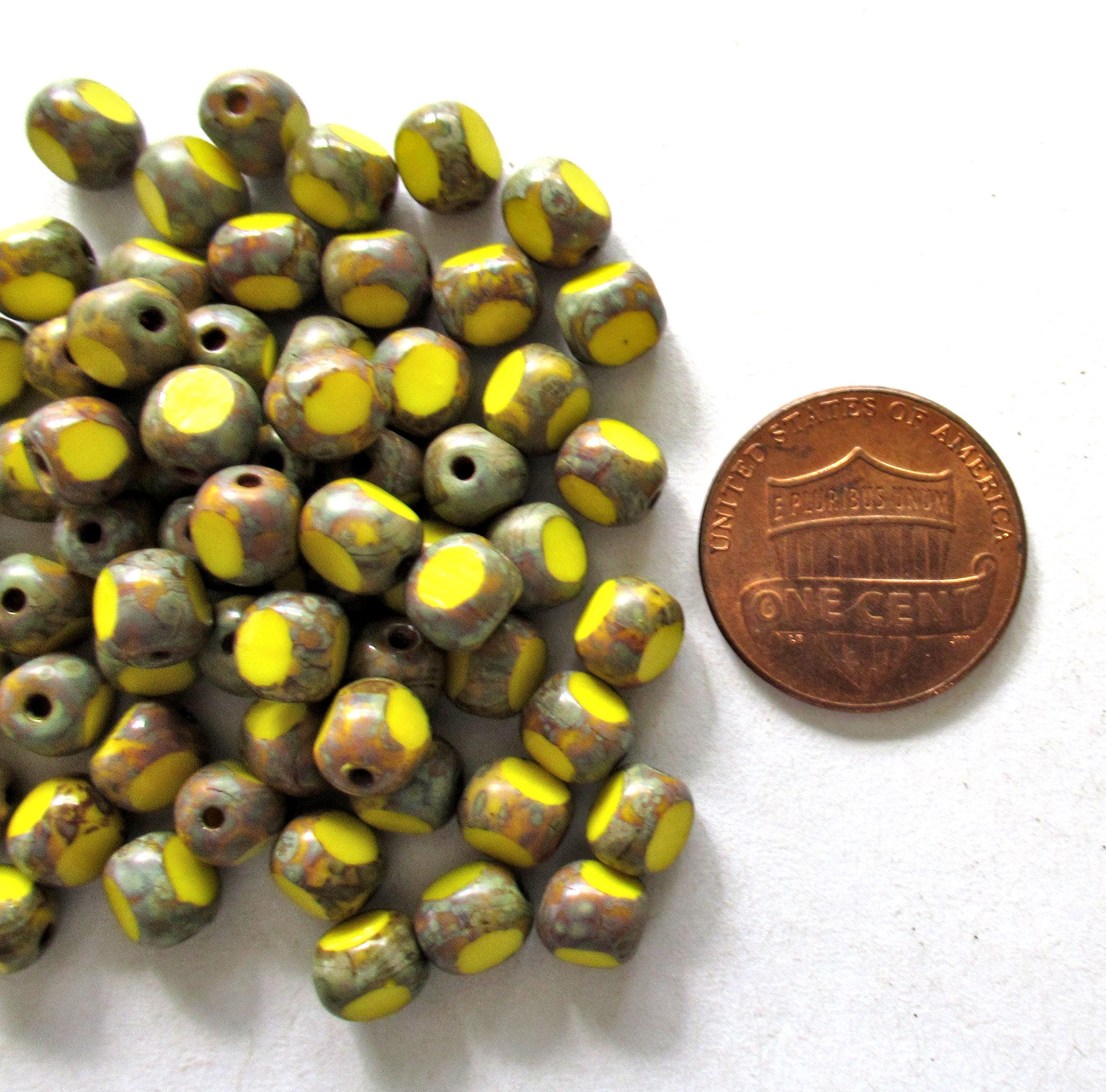 Lot of 25 Czech glass Tri-cut - Round beads - 6mm - opaque yellow picasso - faceted table cut rustic earthy window beads C0057