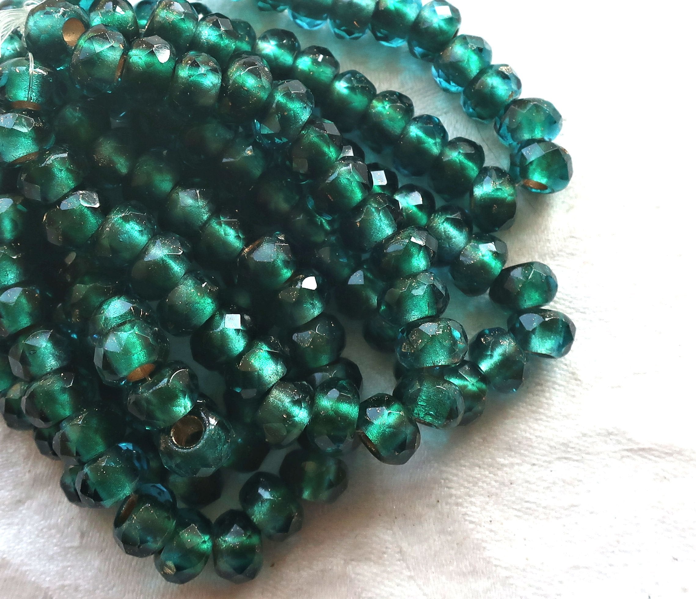 Ten Czech glass roller beads, 9 x 6mm viridian, teal or emerald gold lined, faceted round rondelle beads, big 3mm hole, large holes C08110