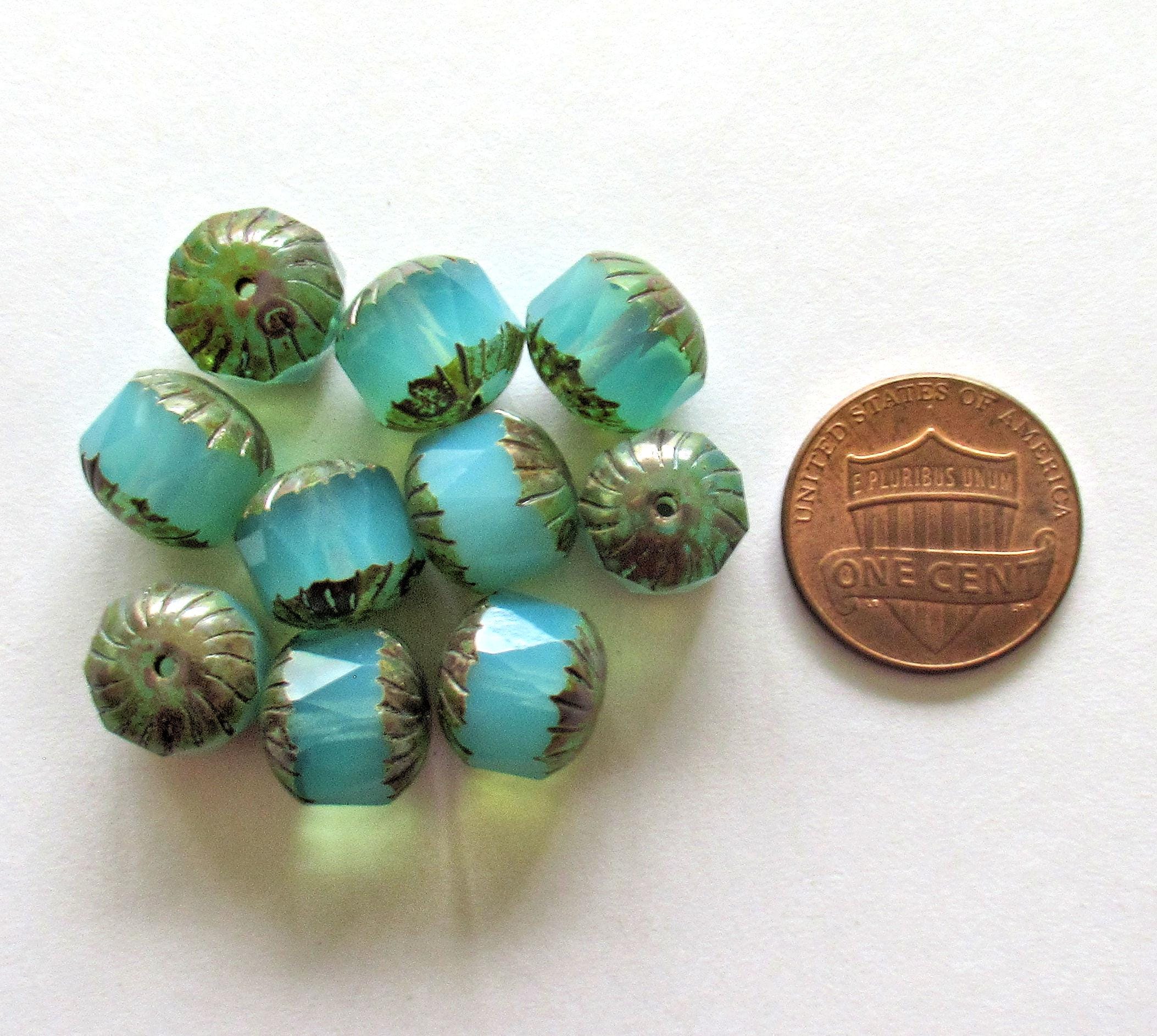 Ten Czech glass faceted carved cruller beads - 10mm - milky aqua blue opal Vaseline glass - cathedral beads w/ picasso accents - 00044