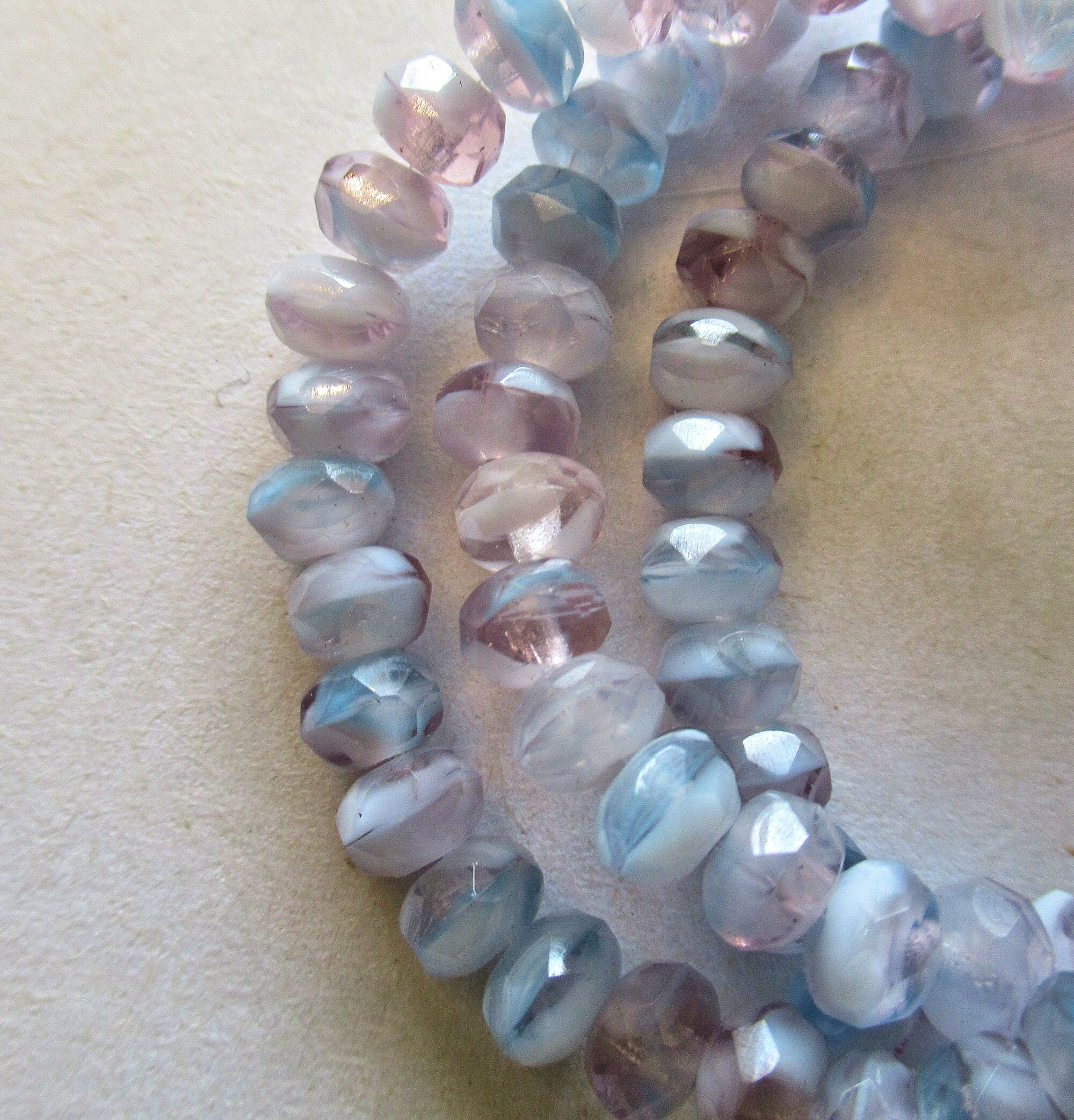 30 small Czech glass puffy rondelle beads - 3 x 5mm light lavender / purple & blue color mix faceted rondelles 00531