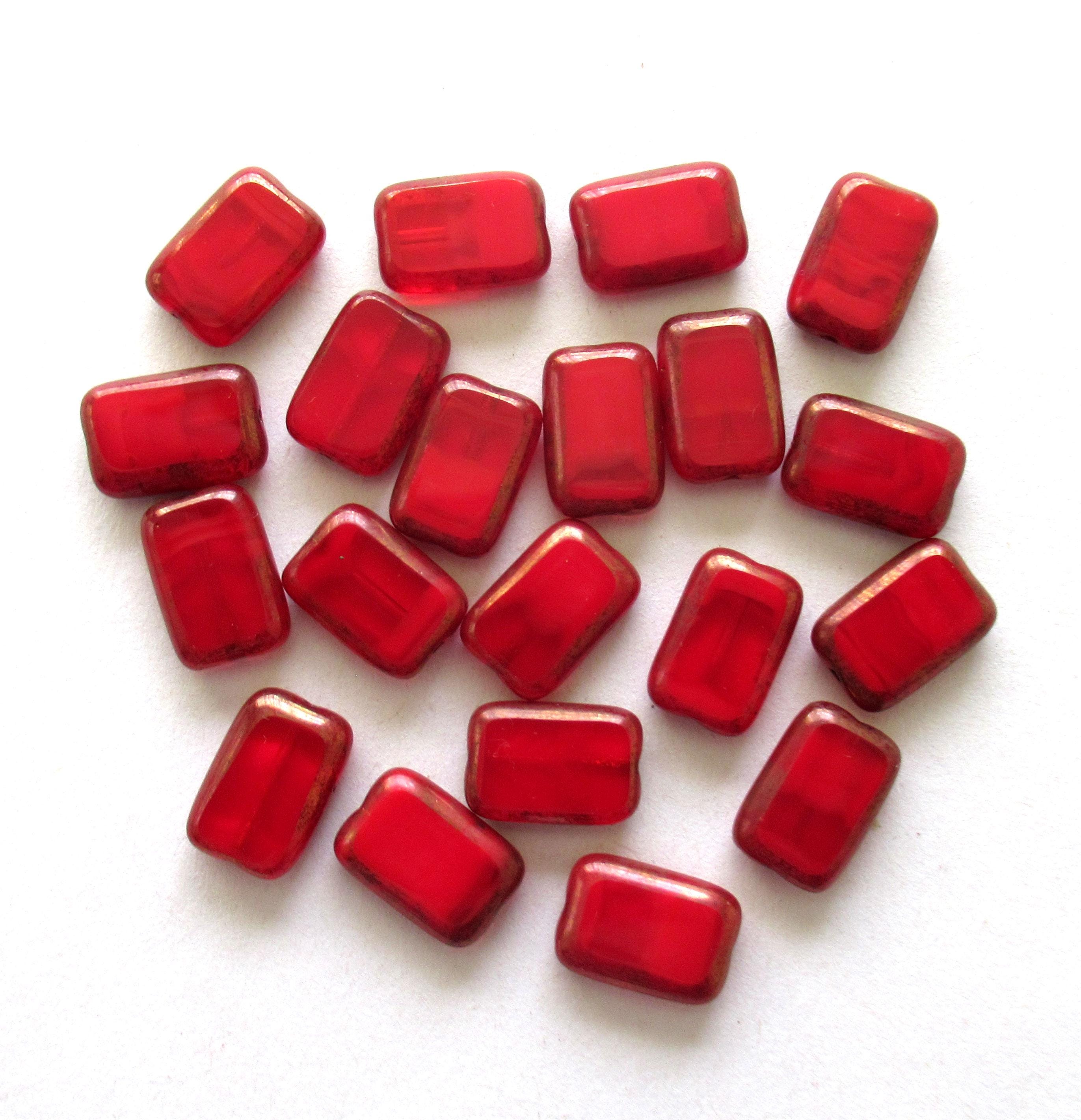 Ten Czech glass rectangle beads - 8 x 12mm - marbled opaque and transparent red bronze Picasso accents - table cut beads  - C0221