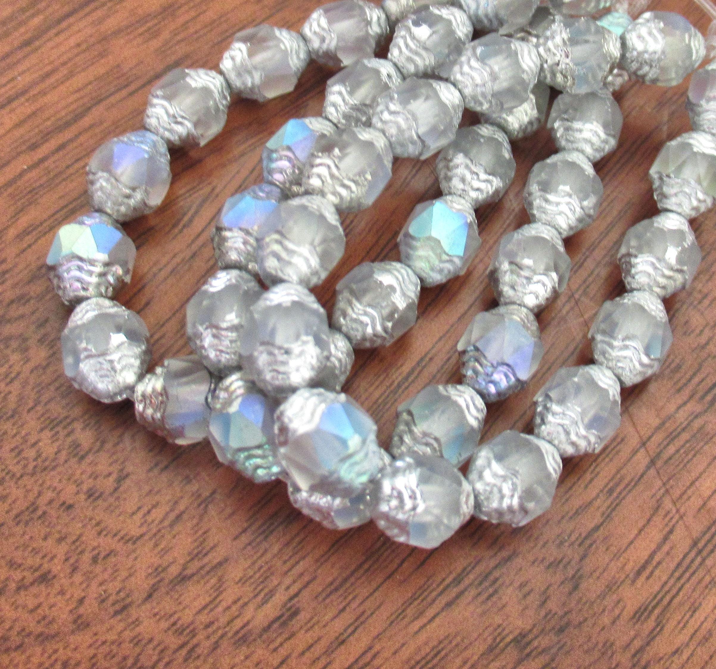 15 Czech glass mini antique style faceted oval cathedral beads - 8 x 6mm matte crystal clear ab with silver accents - C00071