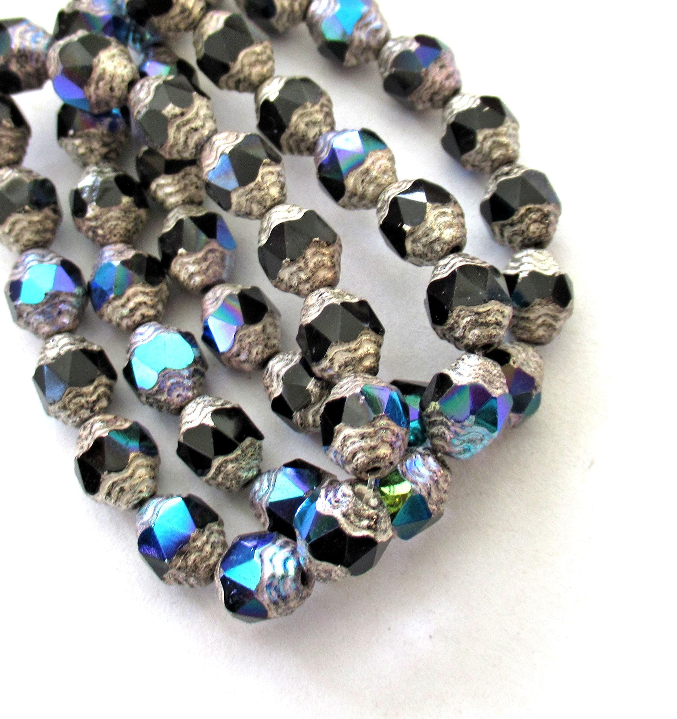 15 Czech glass mini antique style oval cathedral beads - 8 x 6mm jet black ab beads with silver accents - faceted fire polished beads - C00071
