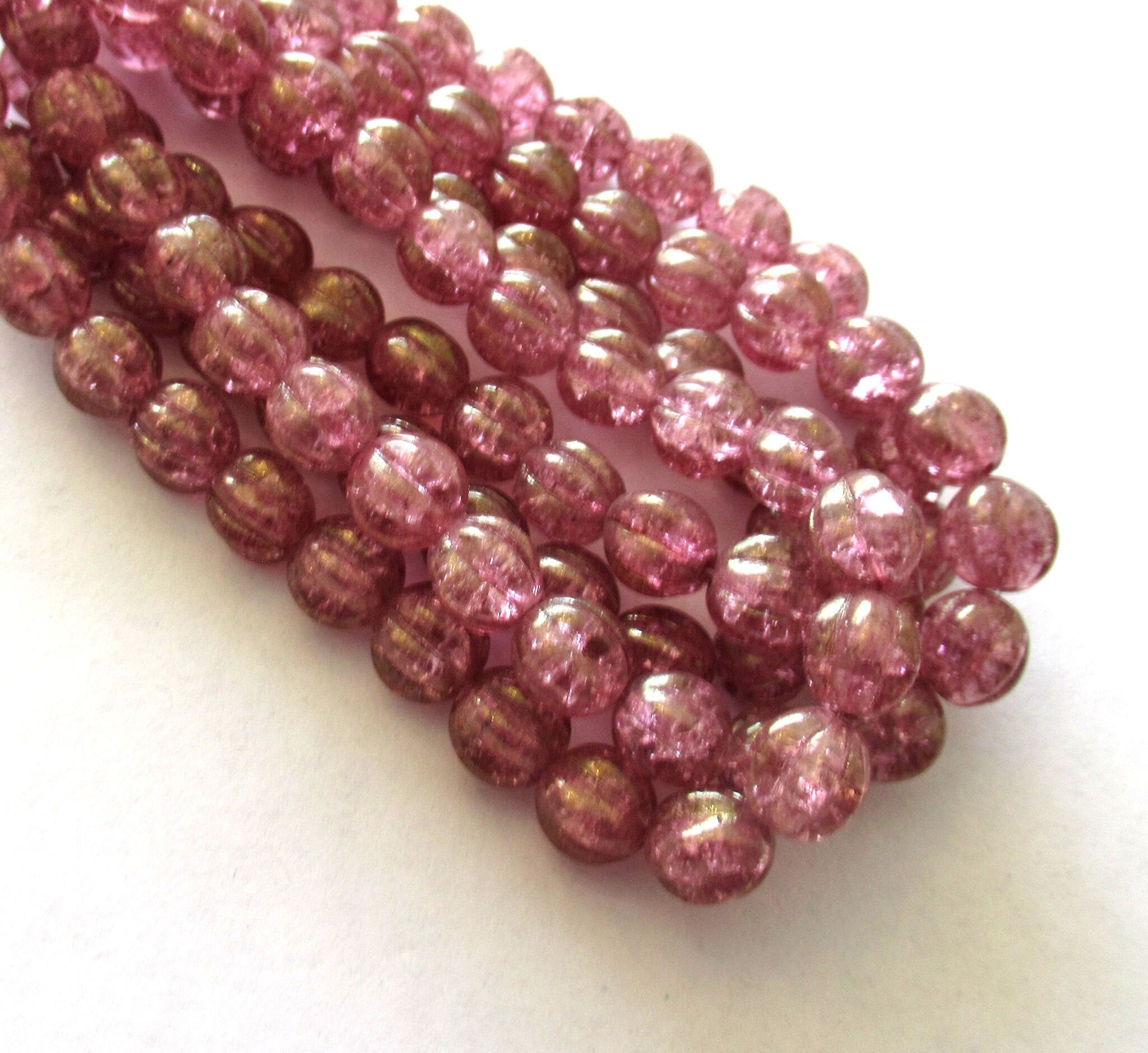Ten 10mm Czech glass melon beads - pink crackle glass pressed beads - C0049