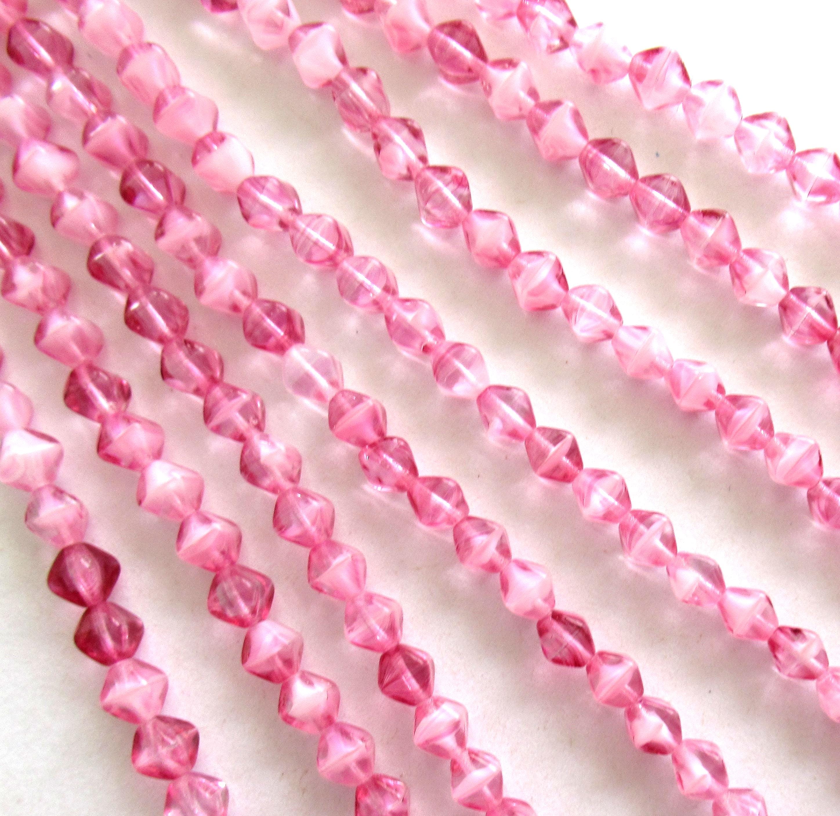 50 6mm Czech glass bicone beads - transparent bright pink with opaque white hearts - pressed glass bicones - C0085