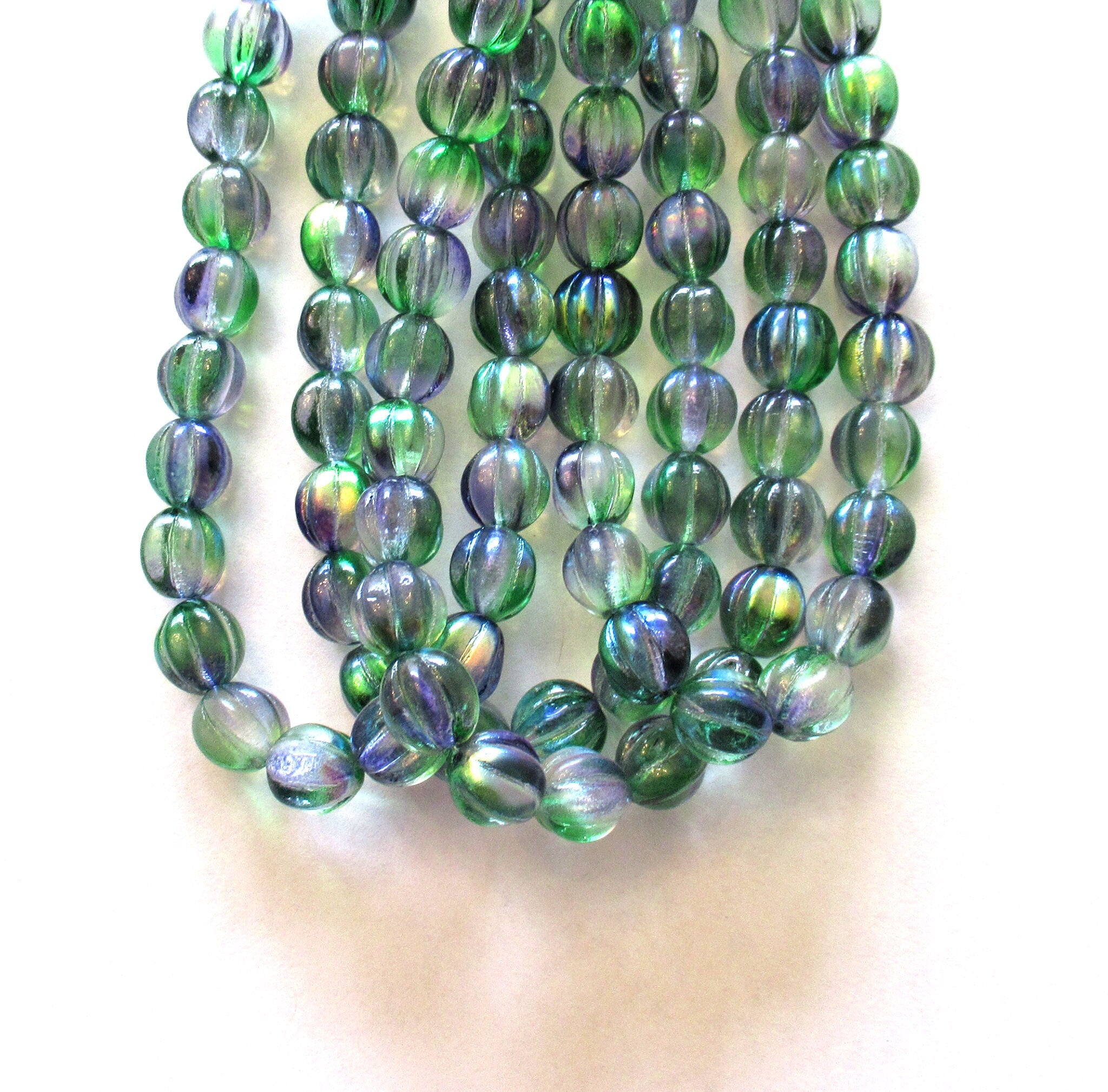 Ten 10mm Czech glass melon beads - green & purple mix pressed glass beads - C0049