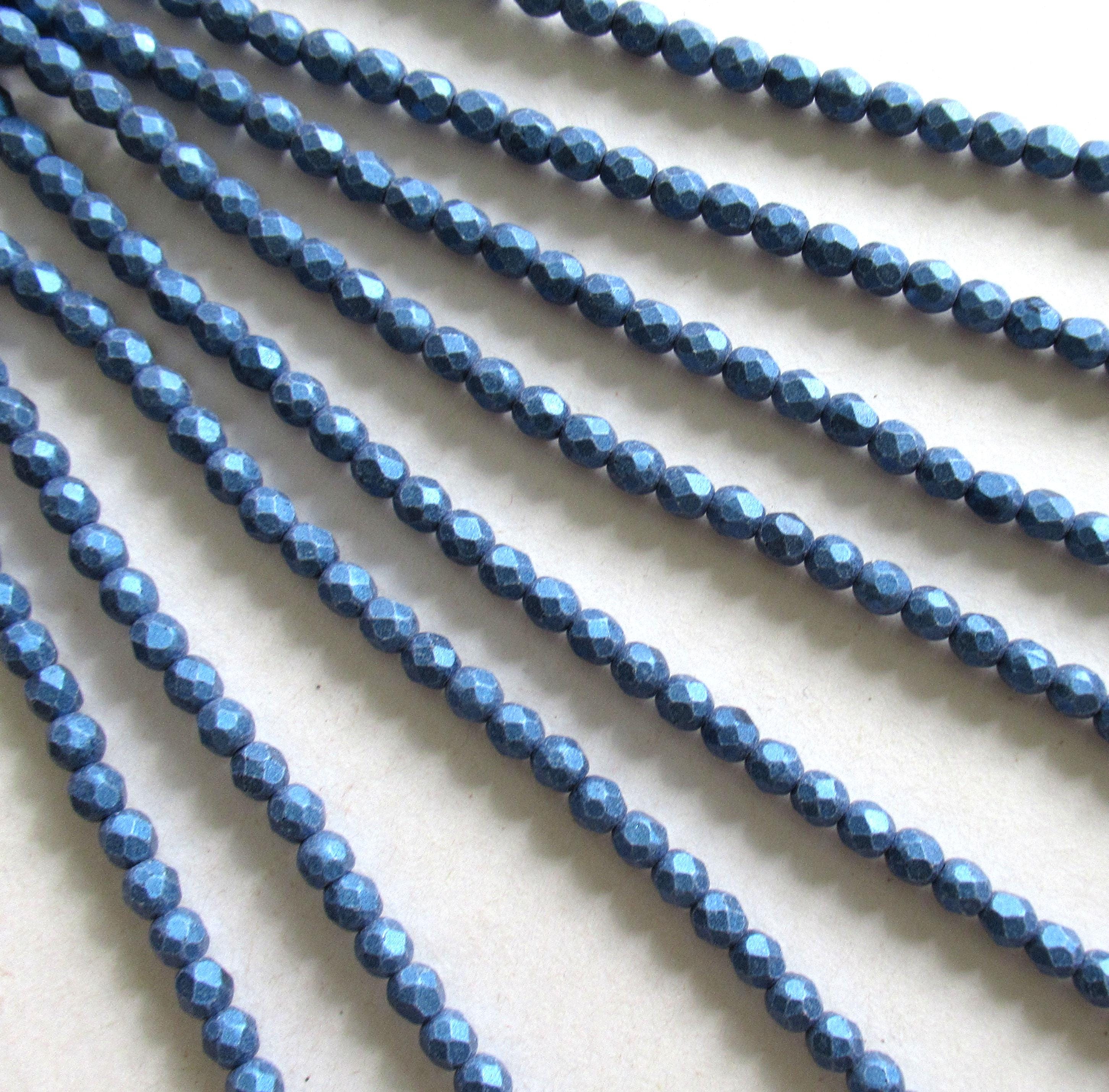 50 4mm matte metallic suede blue Czech glass beads - faceted fire polished round beads - C0025